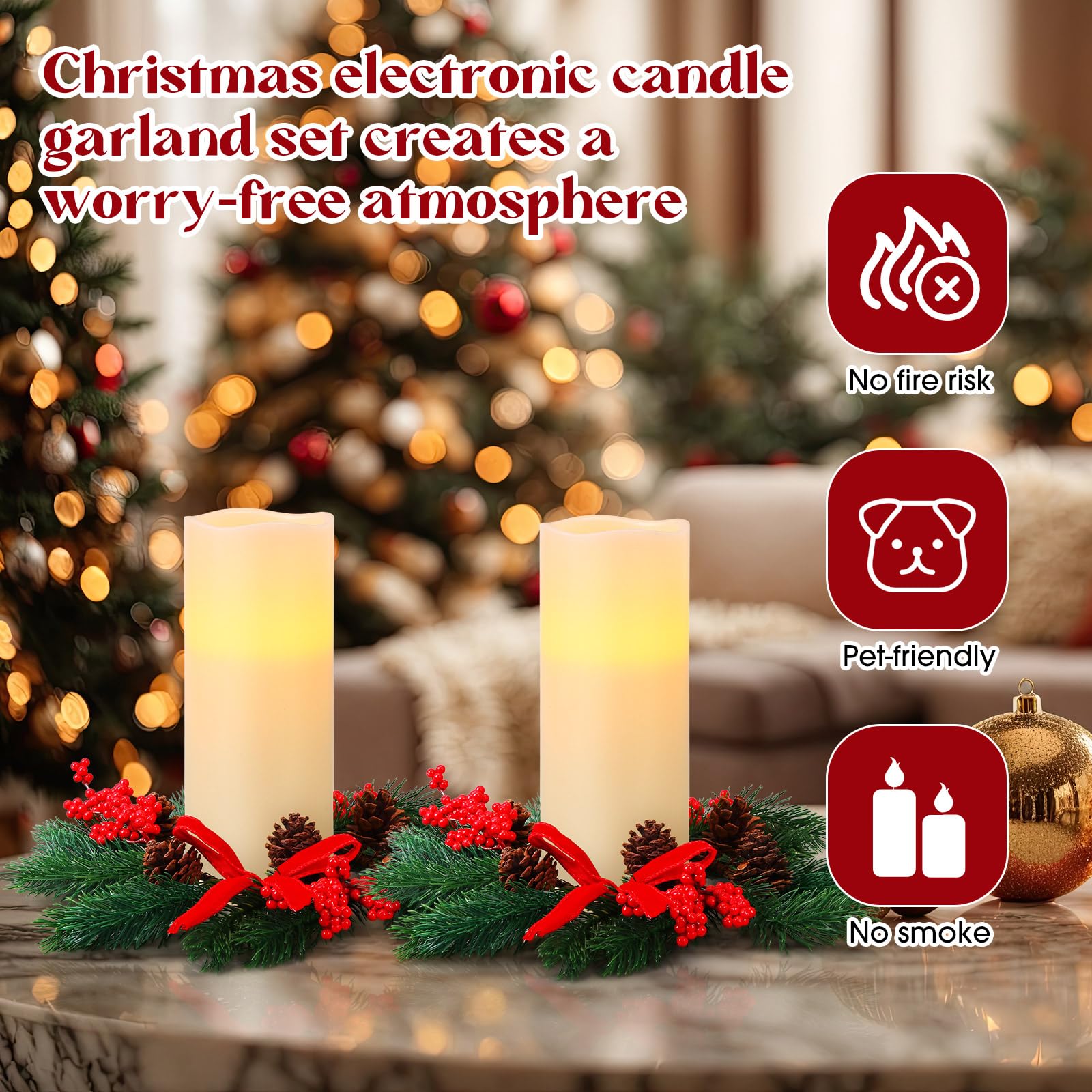 Retisee Set di 2 centrotavola natalizi per tavoli, candele, ghirlande, candele senza fiamma, candele senza fiamma, a batteria, con telecomando, luci LED per feste di Natale (25,4 cm, colore avorio)