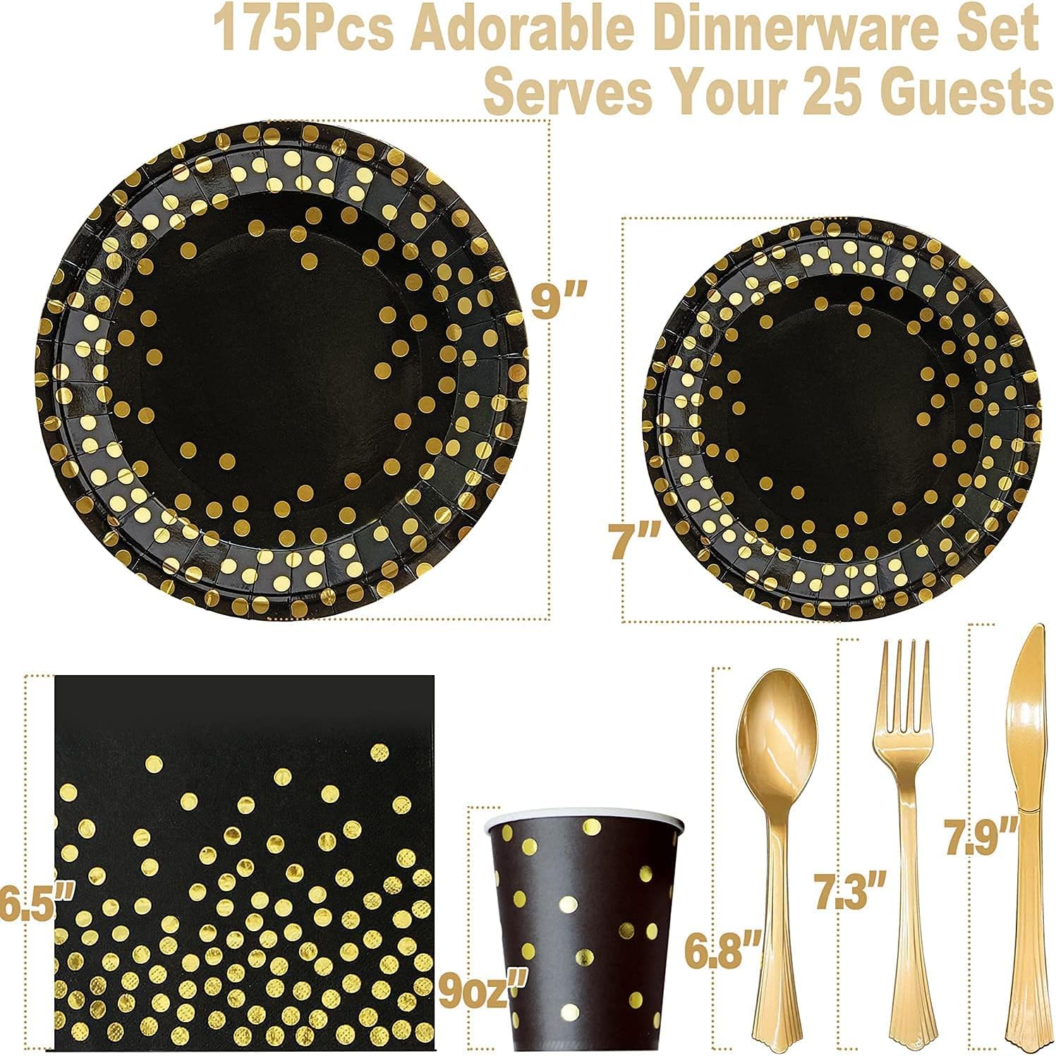 Generic Black and Gold Party Supplies 175PCS Sever for 25 Guests Disposable Party Dinnerware Golden Dot Black Plastic Plates and Gold Plastic Forks Knives Spoons Black Napkins Cups