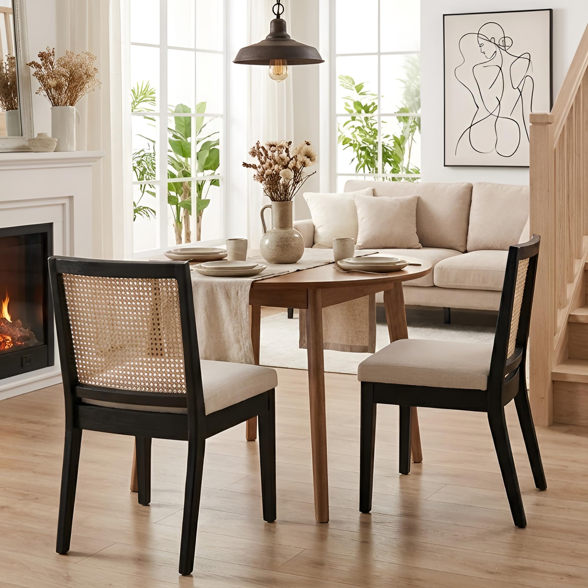 VESCASA Upholstered Dining Chairs with Square Rattan Back, Armless Padded Linen Cream Cushion Dining Chairs with Wood Legs for Dining Room, Kitchen,
