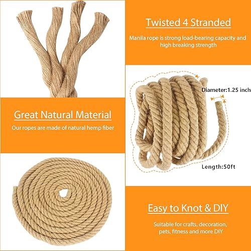 Miniatura 4 de Muelles de cuerda de manila tratada de 1.25 pulgadas x 50 pies para embarcaciones de árboles y granja