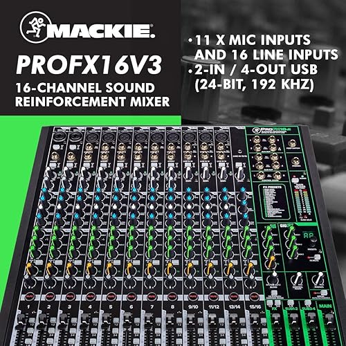 Miniatura 3 de Mackie ProFX16v3 - Mezclador de refuerzo de sonido de 16 canales con FX integrado + paquete de cable XLRUSBTRSTSRCA y paño de limpieza de microfibra