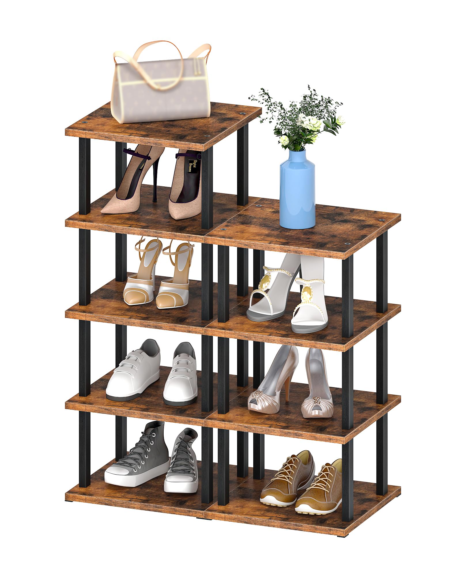 CHOEZON Schmales Schuhregal mit 9 Ebenen, Vertikale Schuhablage, DIY-Schuhregal im Industriestil, Schuhaufbewahrung, für kleine Räume und Flure, Vintagebraun und Schwarz DMXJ01BF