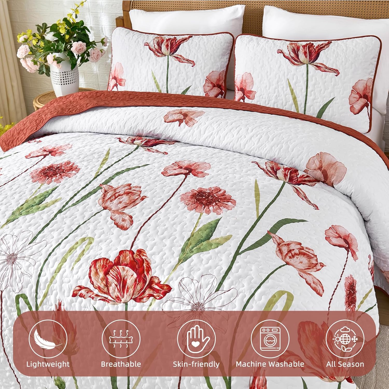 WONGS BEDDING Red Quilt Set Queen Size, Cute Red Floral Botanical Bedspread Bedding Set with 2 Pillowcase, Lightweight Farmhouse Coverlet Set for All Season (96"x90") - Image 7