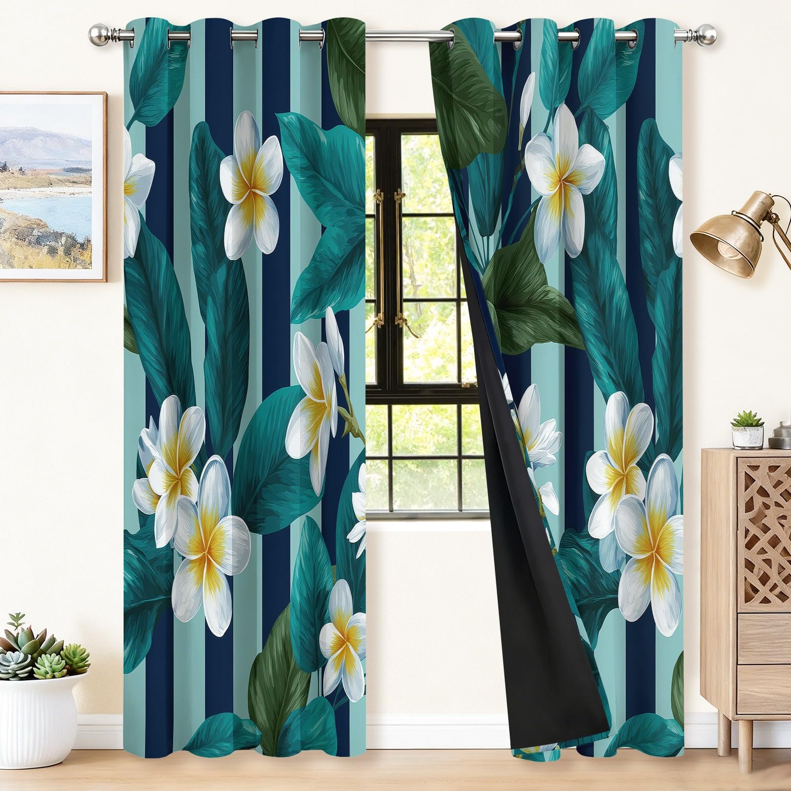 Bunt Blickdicht Vorhänge Wohnzimmer - Minimalistisch Streifen Tropisch Blumen Pflanzen Vorhänge mit Ösen Themovorhang Verdunkelungsvorhänge für Schlafzimmer Kinderzimmer, B75 x H166 cm 2er Set