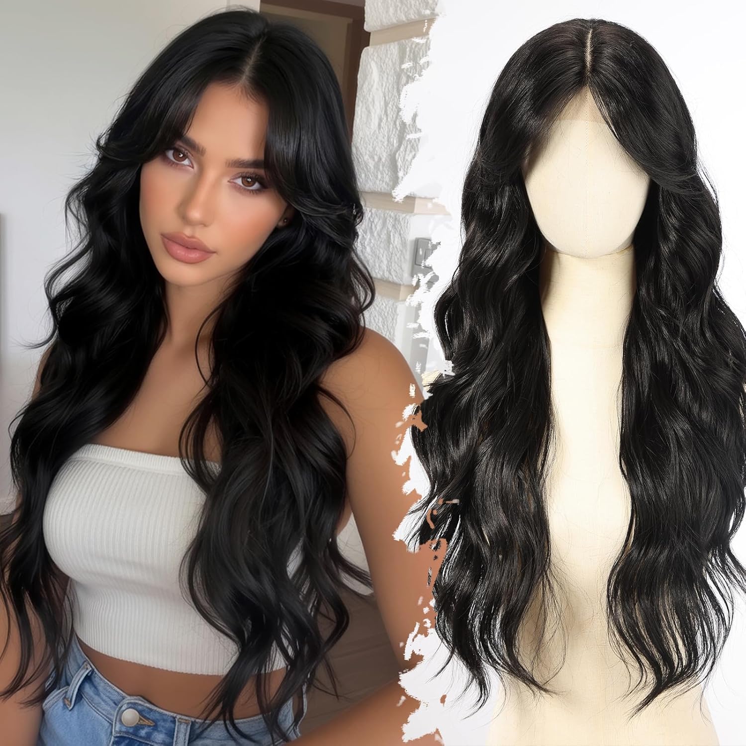 BLONDE UNICORN Black Synthetic Lace Front Wig,Long Body Wavy Wigs With Bangs,T Part Glueless Wigs for Women Cosplay Daily Use 28IN(#1B)