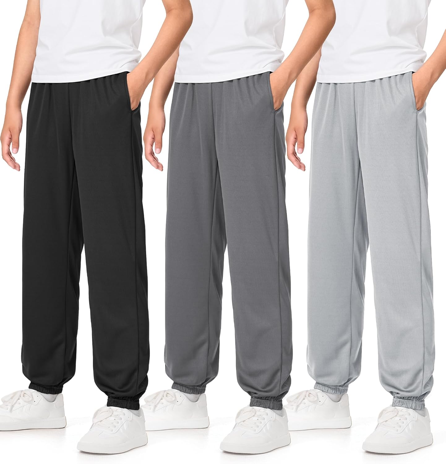 Auranso Boys Sweatpants 3 Pack Mesh Quick Dry Athletic Pants Lightweight Kids Joggers with Pockets