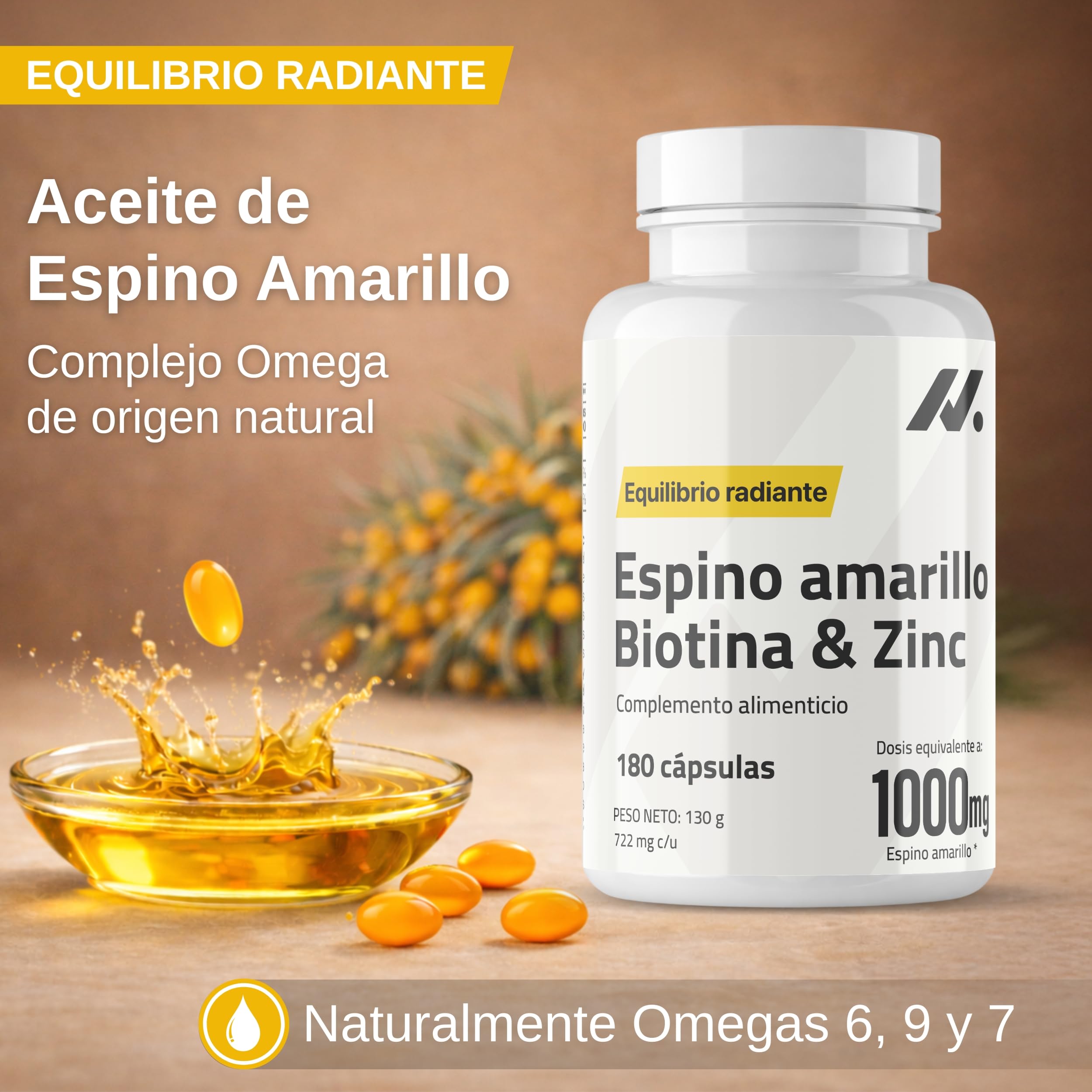 Omega 7 de Espino Amarillo con Biotina - Cabello, Piel y Uñas - 180 Perlas | Cabello, piel, uñas y mucosas, aceite de espino amarillo 1000 mg, omega 7 natural, biotina 5000 mcg con zinc, vegano