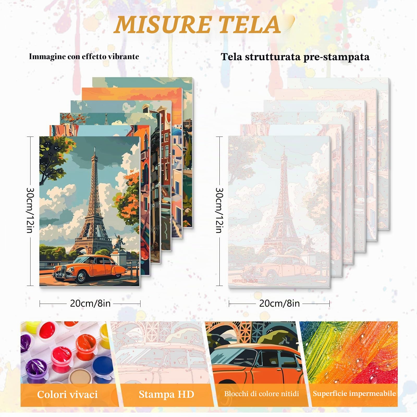 QENSPE 6 Pezzi Kit Dipingere con i Numeri, Tele Tese per Dipingere per Adulti, Pittura a Olio Acrilico per Studenti Principianti Accessori per Feste di Disegno, Paesaggio Urbano Vintage (20x30 cm)