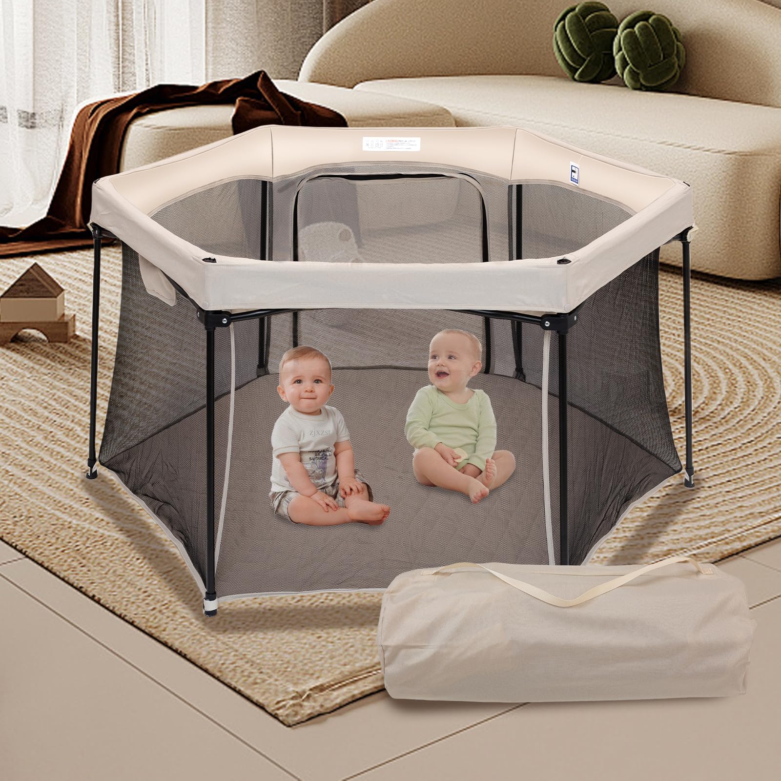 Baby Playpen 53x53 Inch, Indoor/Outdoor Portable Play Yard No Extra pad Required with Breathable Mesh Walls, Enclosed Safe Space for Babies, Quick