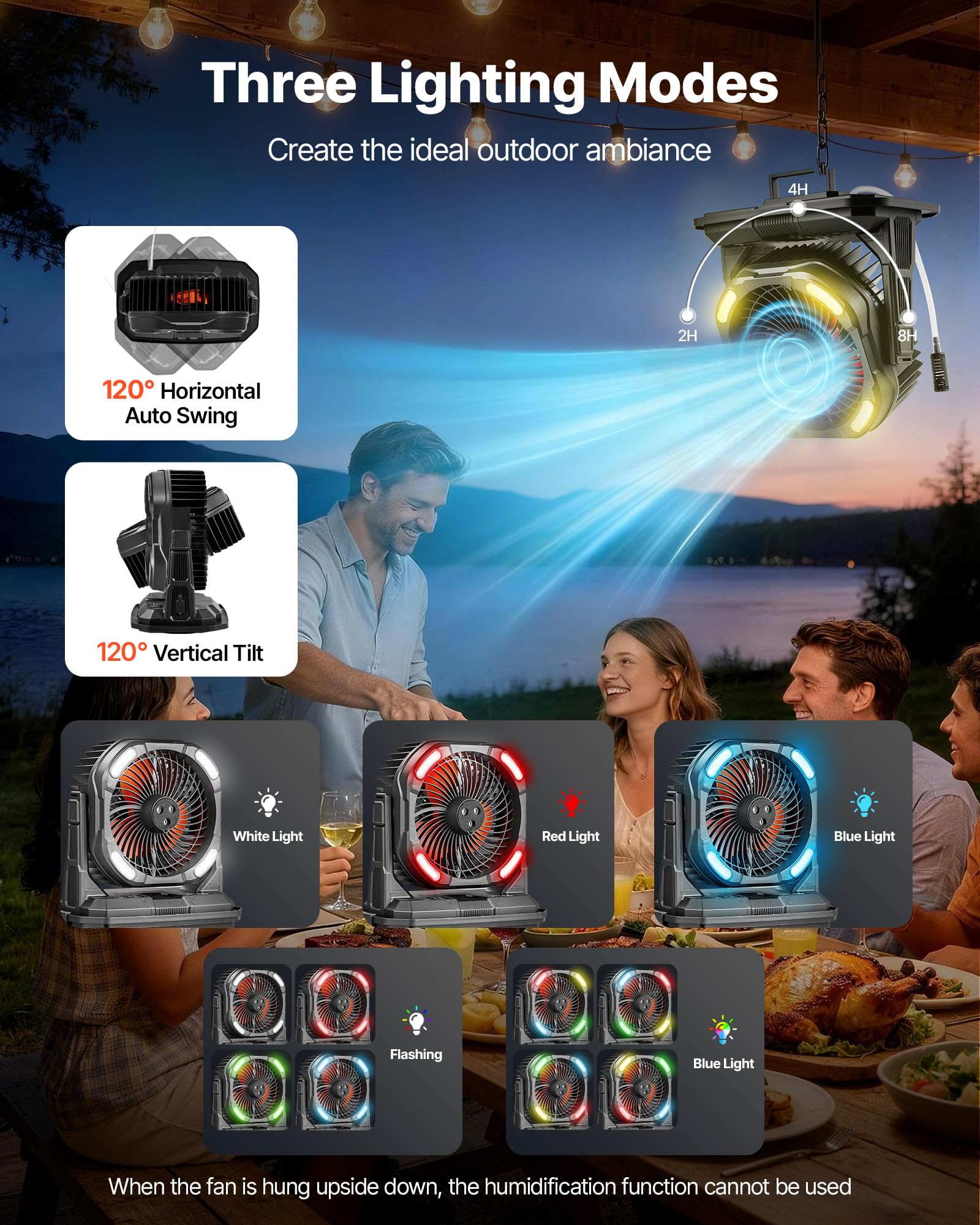 VEVOR Camping Ventilator, 2700 U/min Motor, Nebelfan, Nebelventilator mit 9-L-Wassertank, 10000-mAh-Akku, 4 Windstufen & 5 Beleuchtungsmodi, Tragbarer Standventilator für Camping, Angeln & Reisen