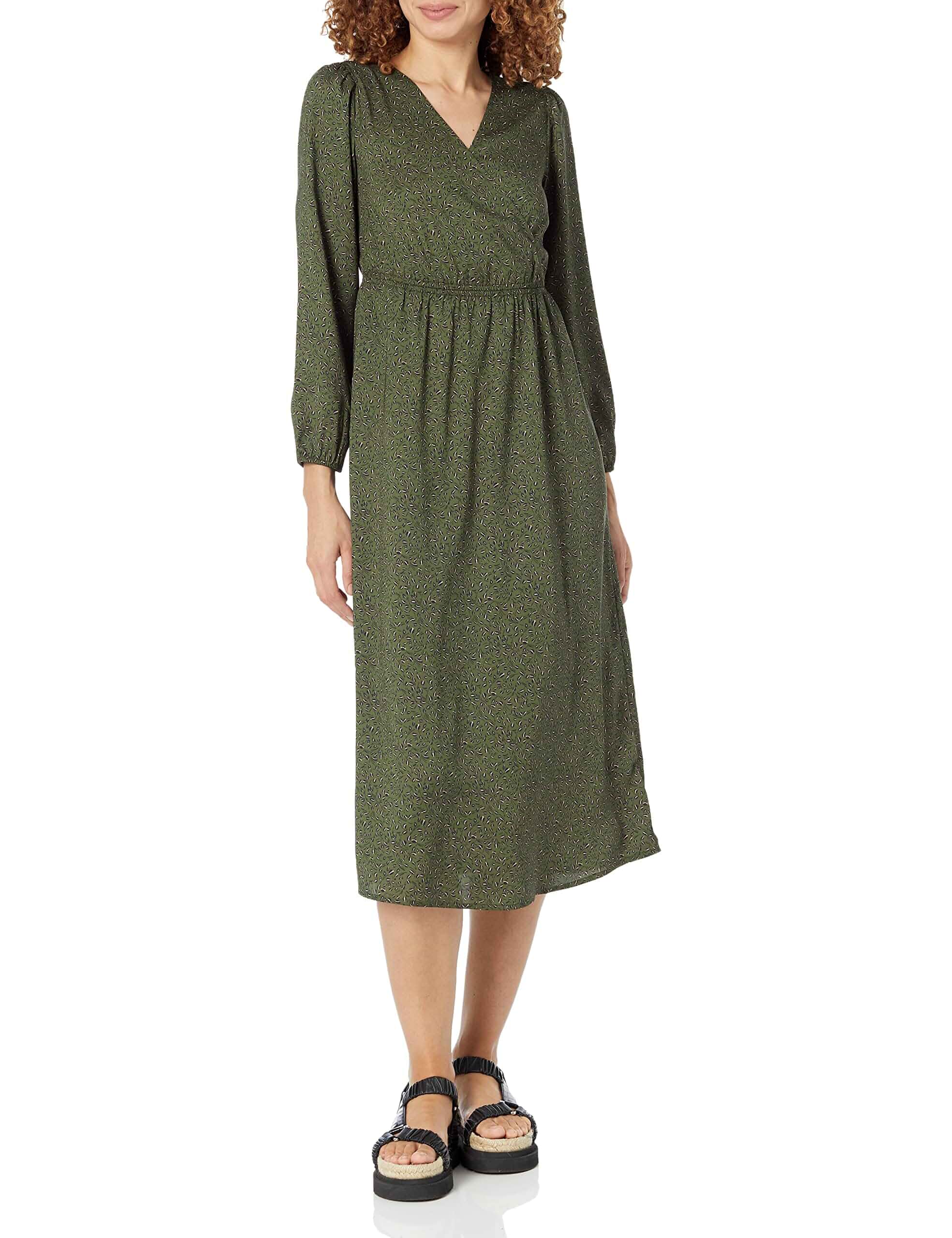 Amazon Essentials Women's Lightweight Georgette Long Sleeve V-Neck Wrap Midi Dress, Fit and Flare Long Sleeve