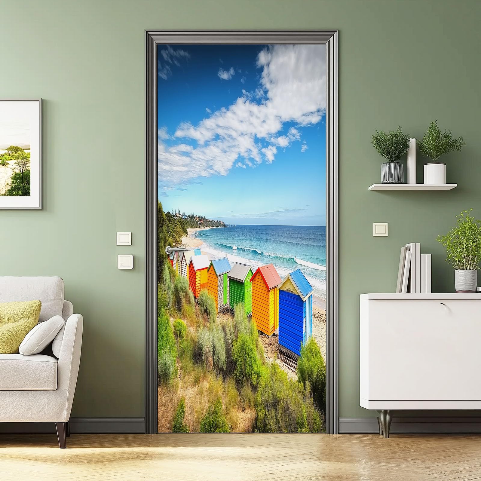 Naklejka na drzwi 3D, samoprzylepna, PCW, 90 x 200 cm, zdejmowana farba, wodoszczelna, do sypialni, kuchni, łazienki, biura, dekoracja na drzwi - nadmorska chatka, plaża, roślina, naklejka na drzwi