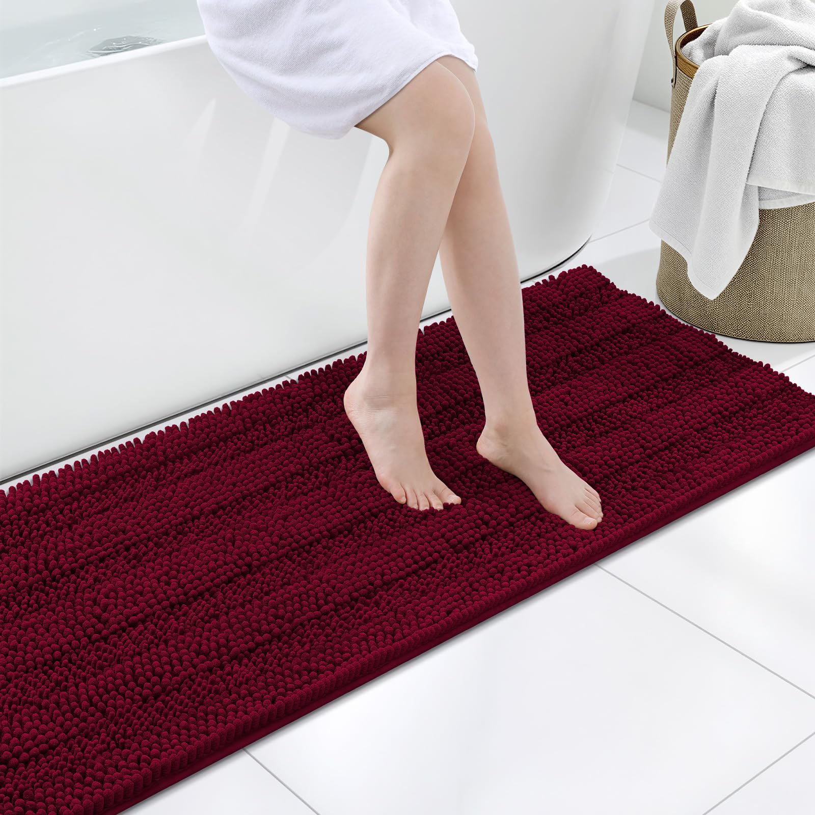 Grandaily Chenille Bathroom Rugs 59x20, Soft Absorbent Bath Mats, Wine Red