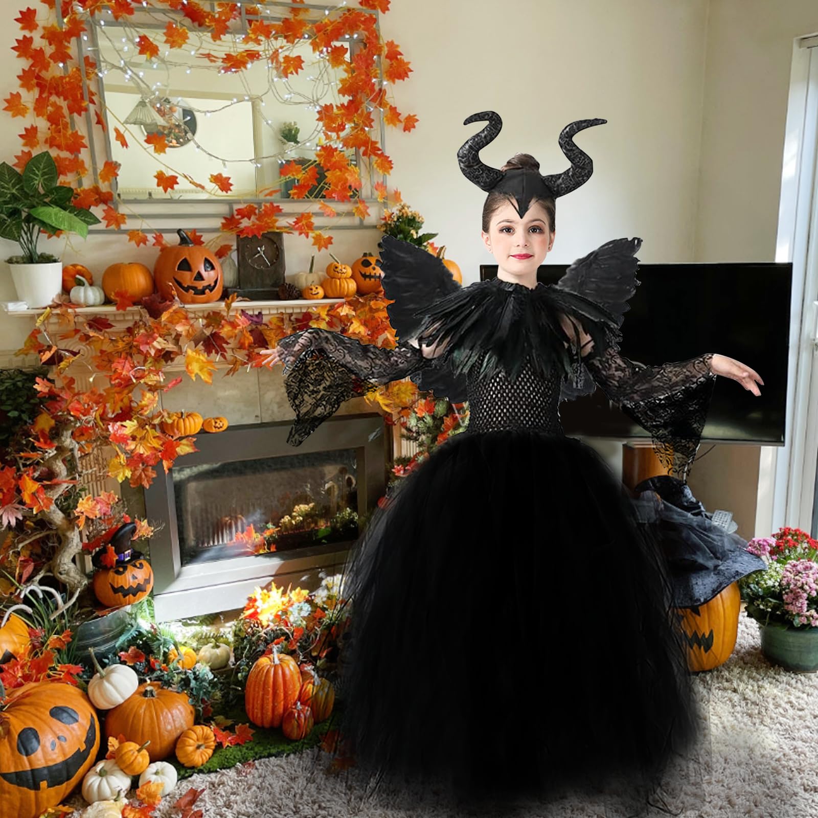 5 Piezas Disfraz de Maléfica Niña: Reina Bruja Malvada Vestido para Niños con Tocado de Cuernos y Capa de Alas Negras para Halloween Carnaval Cosplay Fiesta Traje