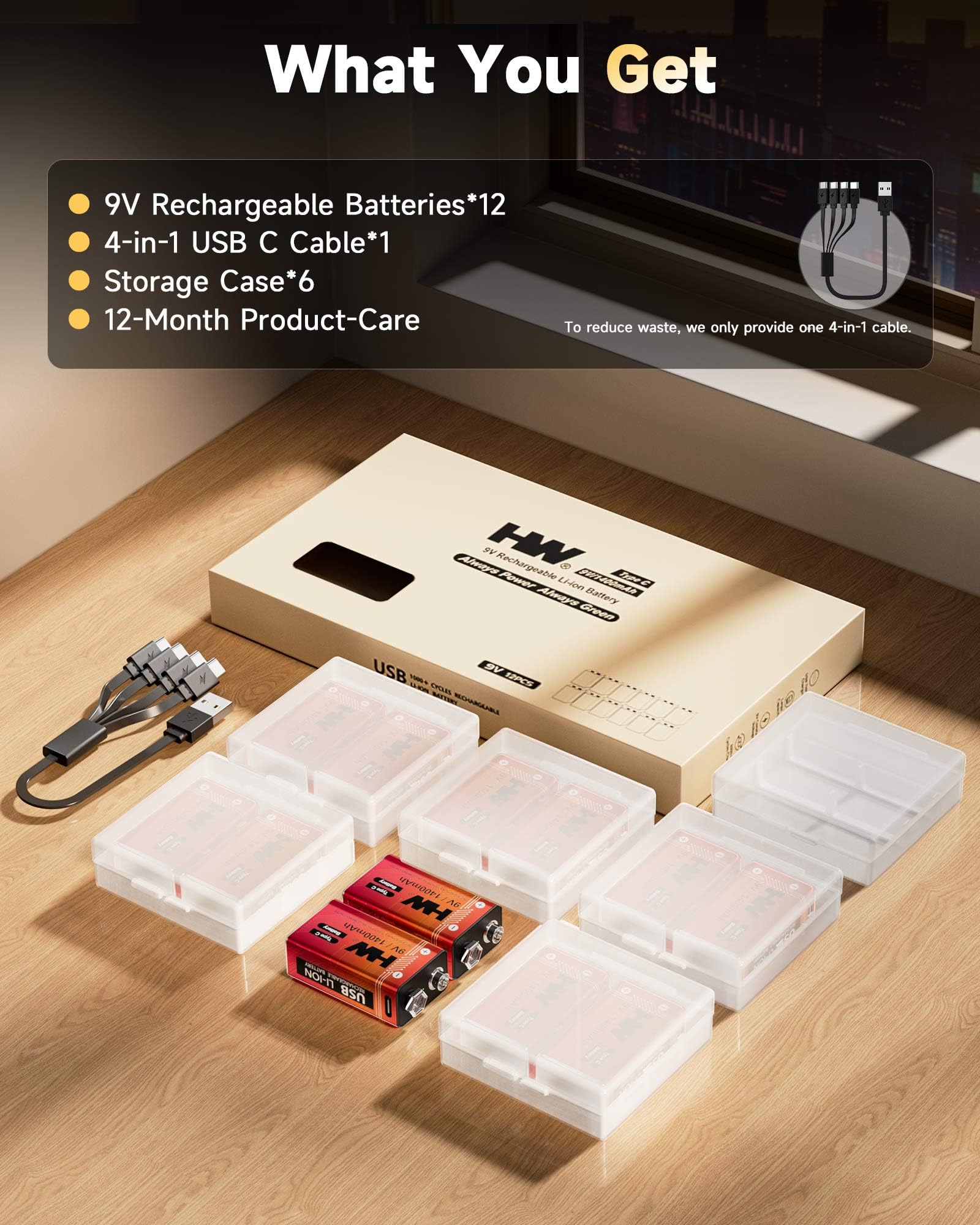 HW Confezione da 12 batterie ricaricabili da 9 V, batteria al litio da 1400 mAh 9 V con cavo di ricarica rapida USB C, oltre 1600 cicli Baterias quadrate per rilevatori di fumo, allarmi antincendio