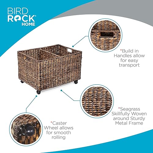 Vista 6 de BIRDROCK HOME Papelera de almacenamiento y reciclaje con ruedas, color marrón lavado, tejido a mano, carrito decorativo dividido, cocina, latas