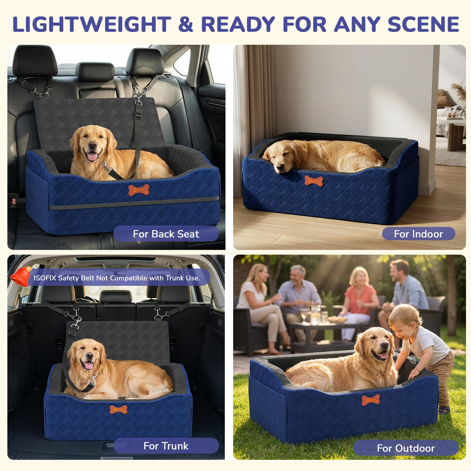 Hunde-Autositz für mittelgroße und große Hunde, 10,2 cm, erhöhter Hundesitz mit ISOFIX-Sicherheitsfixierung, waschbarer Bezug und hochdichtem Memory-Schaum, tragbar für Auto vorne/hinten/Kofferraum
