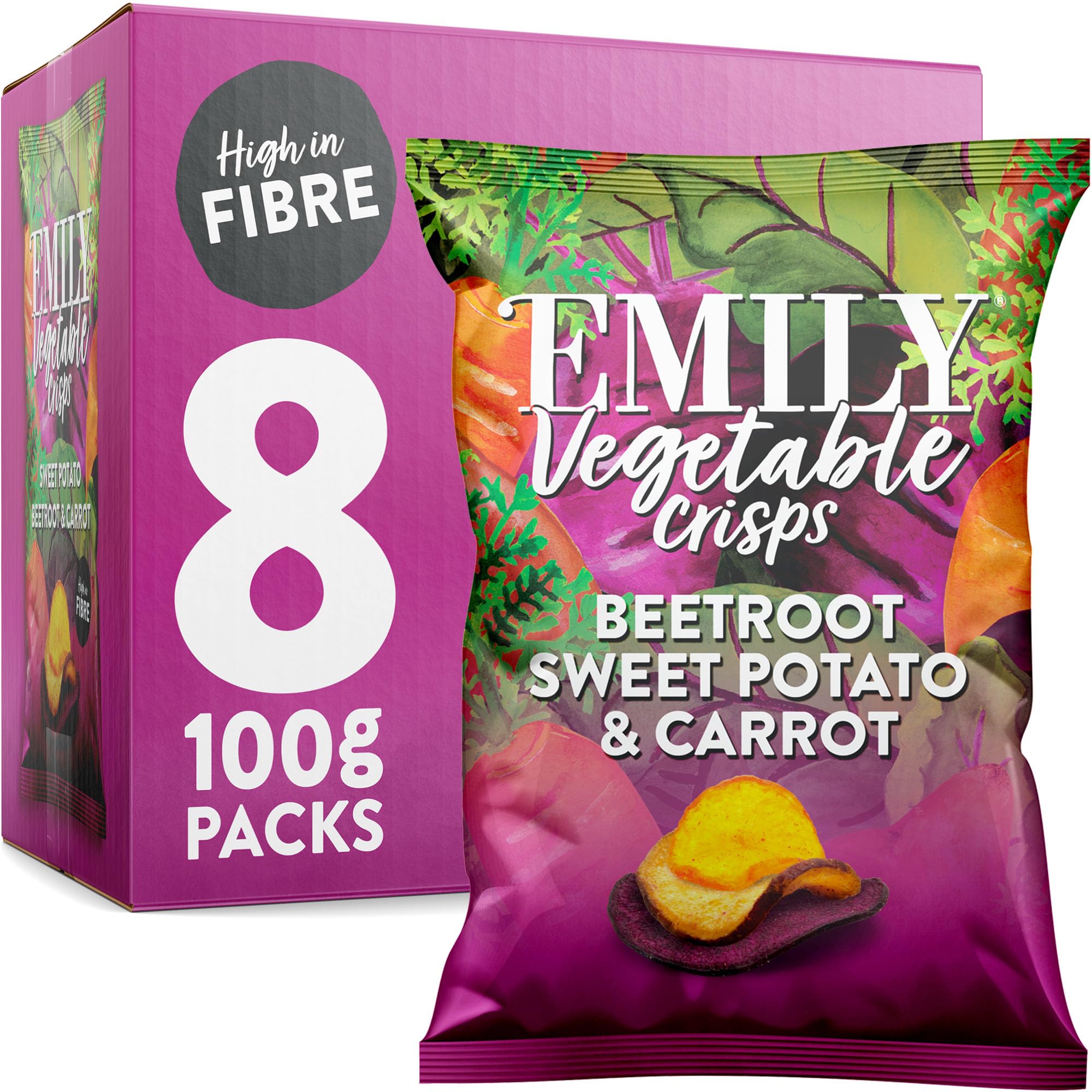 EMILY Veg Crisps Rainbow Roots | All Natural Vegetable Crisps | No Added Sugar, High Fibre | Vegan Friendly | Perfect for Snacking & Parties | 8 x 100g Share Bags