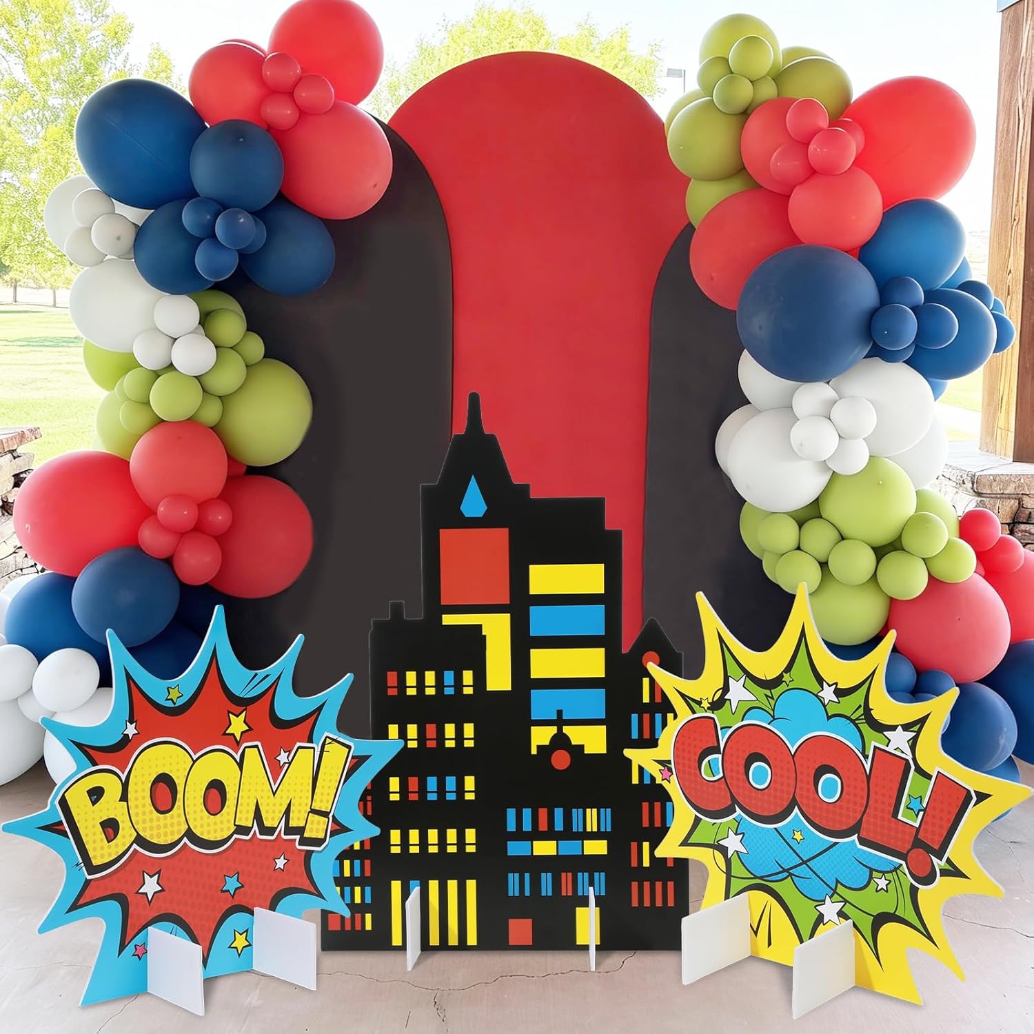 Hero Theme Party Decorations Super Theme Hero Cardboard Cutout Stand Up Large 3D Boom Photo Props Cool Stand Ups Cardboard Cutouts for Pop Art Birthday Baby Shower Indoor Outdoor Party Decor Supplies
