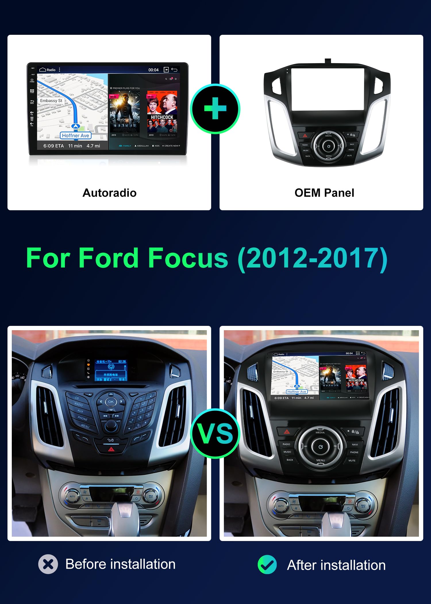 SXAUTO Android 15-6G+128G - Autoradio für Ford Focus (2012-2017) GPS Navigation Radio - Wireless CarPlay Android Auto - LED Kamera + MIC -DAB Lenkradsteuerung 360-Cam DSP WiFi AHD 2 Din IPS 9 Zoll