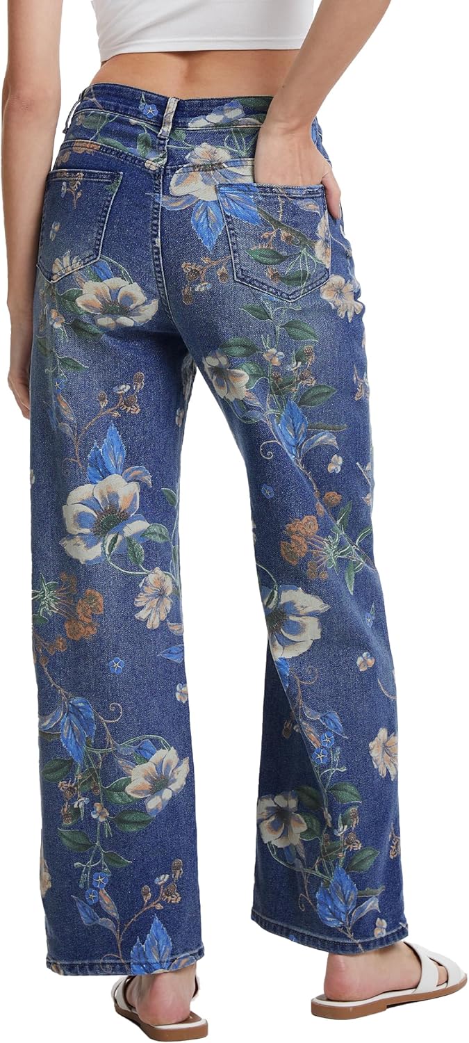 Vintage Floral Jeans for Women 90s High Rise Wide Leg Casual Stretchy Denim Pants Trendy Pantalones De Mujer - Image 5