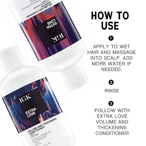 Miniatura 5 de IGK EXTRA LOVE - Juego de champú y acondicionador para volumen y espesante  Ligero + soporta el cuero cabelludo + aceite de equilibrio  Vegano +