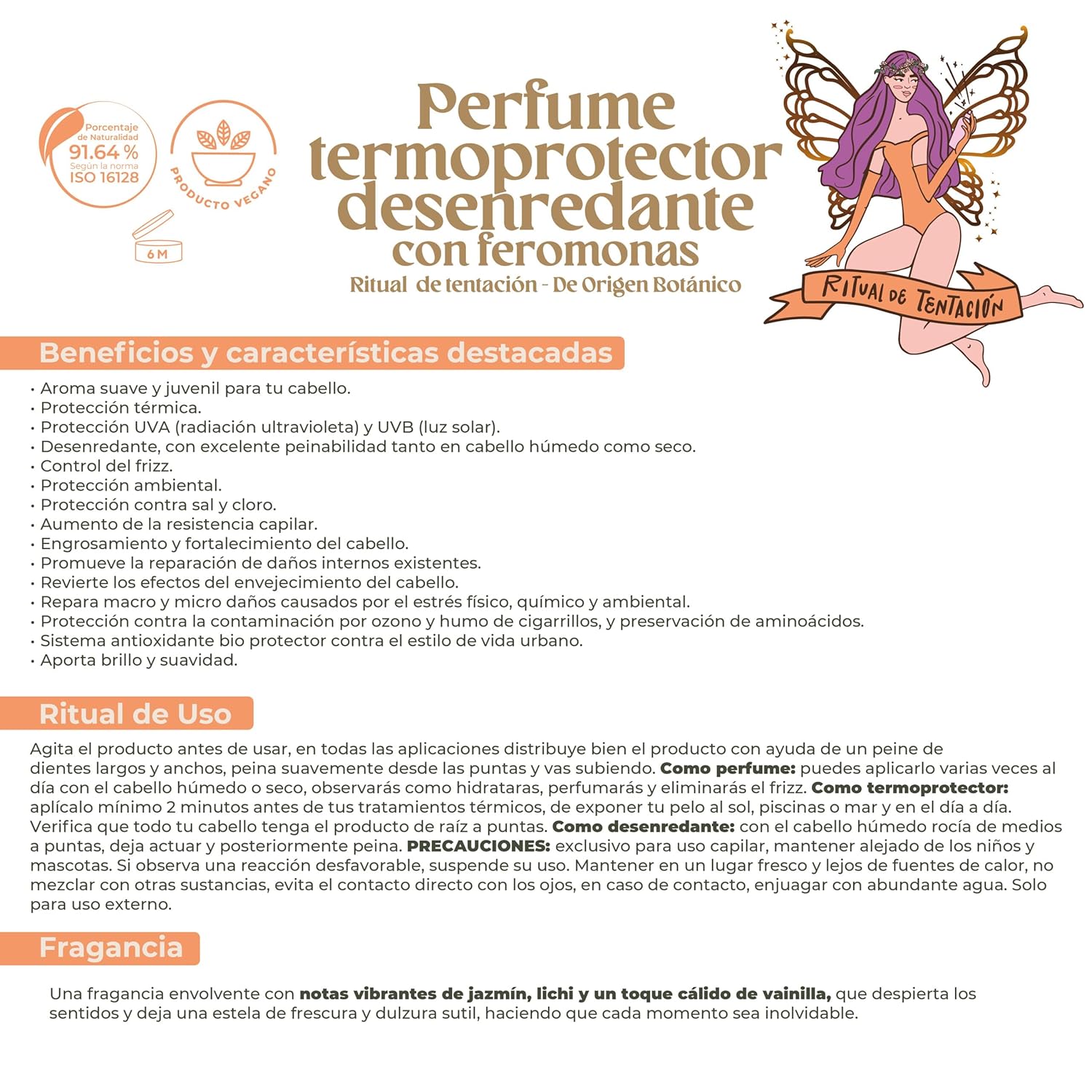 Perfume Termoprotector para Cabello, Sin Alcohol, Antifrizz, Desenredante, Protección solar, Con Feromonas, Aroma Ritual de Tentación Jazmín y Vainilla 120ML. Todo tipo de cabello. - Image 4