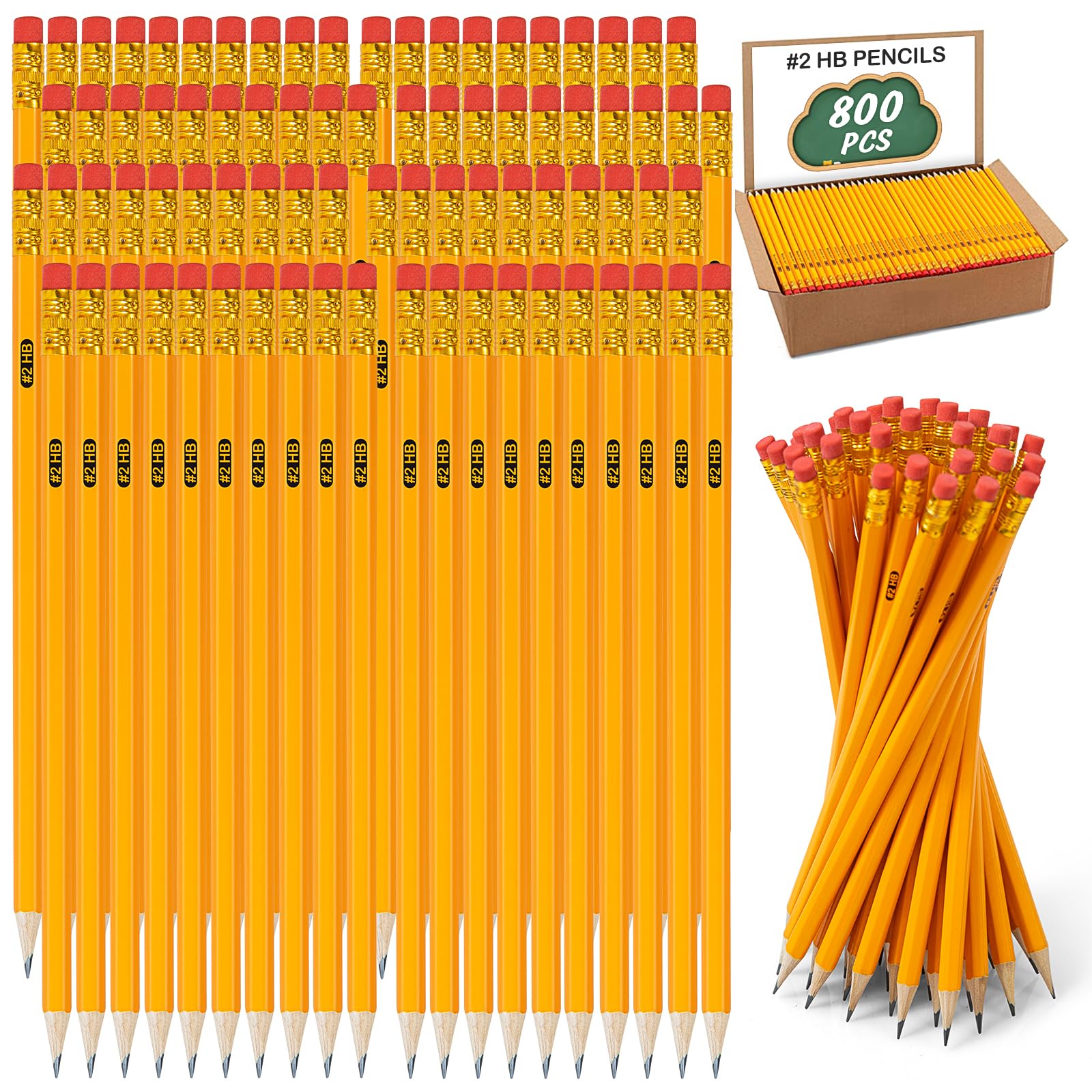 IKAYAS 800 Pack #2 HB Pencils Bulk Yellow Sharpened Pencils with Erasers for Kids, 2 Pre-sharpened pencils for classroom office Supplies, Writing,