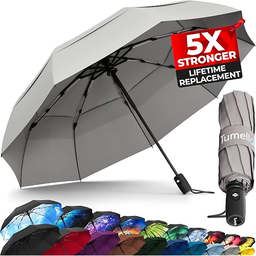TUMELLA Strongest Windproof Travel Umbrella (Compact, 100MPH Wind-Tested), Light, Portable, One-Handed Use, Automatic Folding Rain Umbrella, Durable, Premium Grip, Fits Car & Backpack