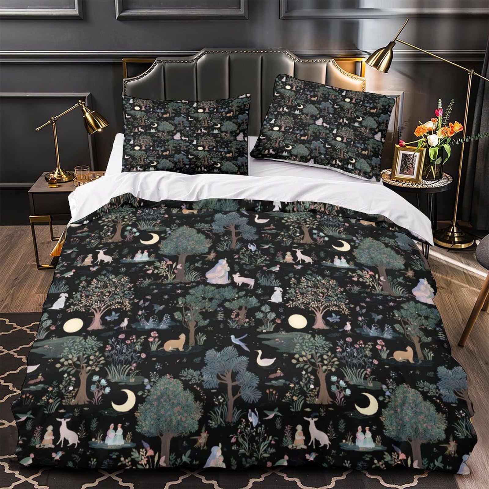 MMDASBVPE Forest Scene Duvet Cover 3D Print All Season 3-Piece Bed Set Hidden Zipper Whimsical Night Comforter Cover Premium Wrinkle-Resistant for Teens Adults Kids Women Girls Single（135x200cm）