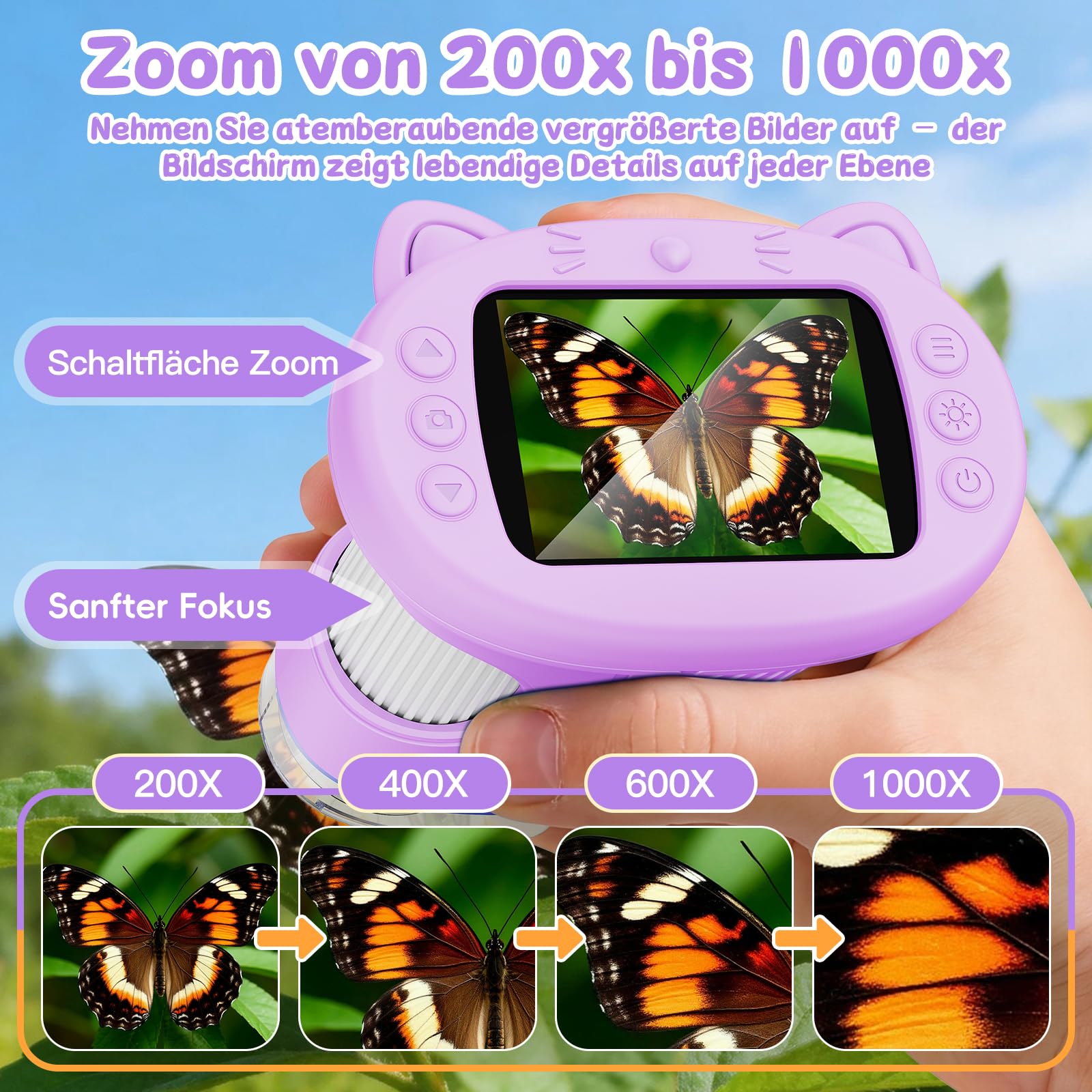 Tragbares Mikroskop für Kinder, 1000x Digitales Handmikroskop Kinder mit 2,4 Zoll IPS Bildschirm, Fotofunktion und PC-kompatibel, Kindermikroskop für Garten, Wald und Outdoor (Lila)