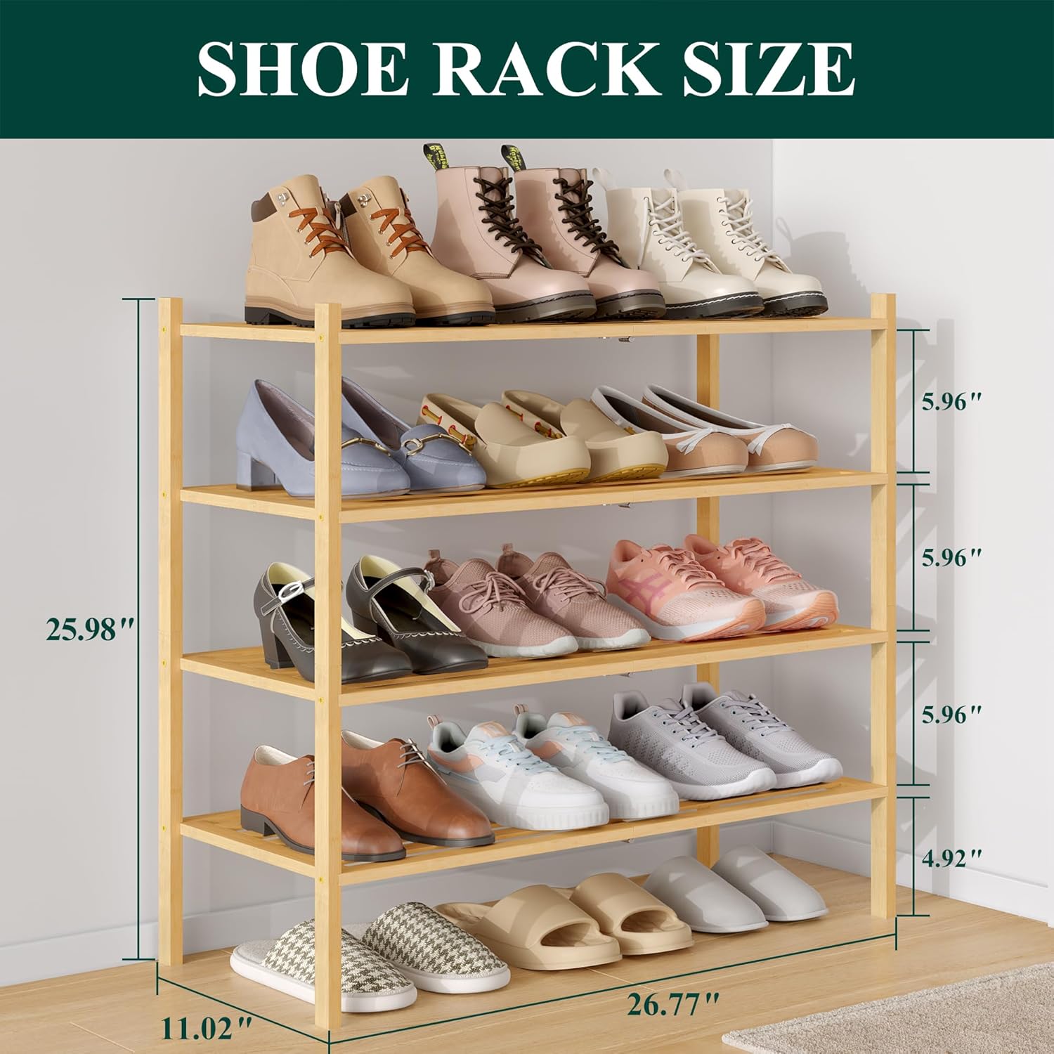 Smiry Bamboo Shoe Rack 4-Tier, Stackable Wooden Shoe Organizer for Entryway & Closet, Free Standing Wood Shoe Storage Shelf for Front Door & Small Spaces, Natural