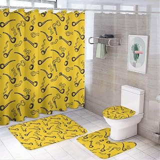 4PCS Shower Curtain with Bathroom Sets and Rugs Decor Smoking Pipe Yellow Shower Curtain Sets with Non-Slip Rug Toilet Lid Cover U-Shaped Mat with Hooks 72"x72"