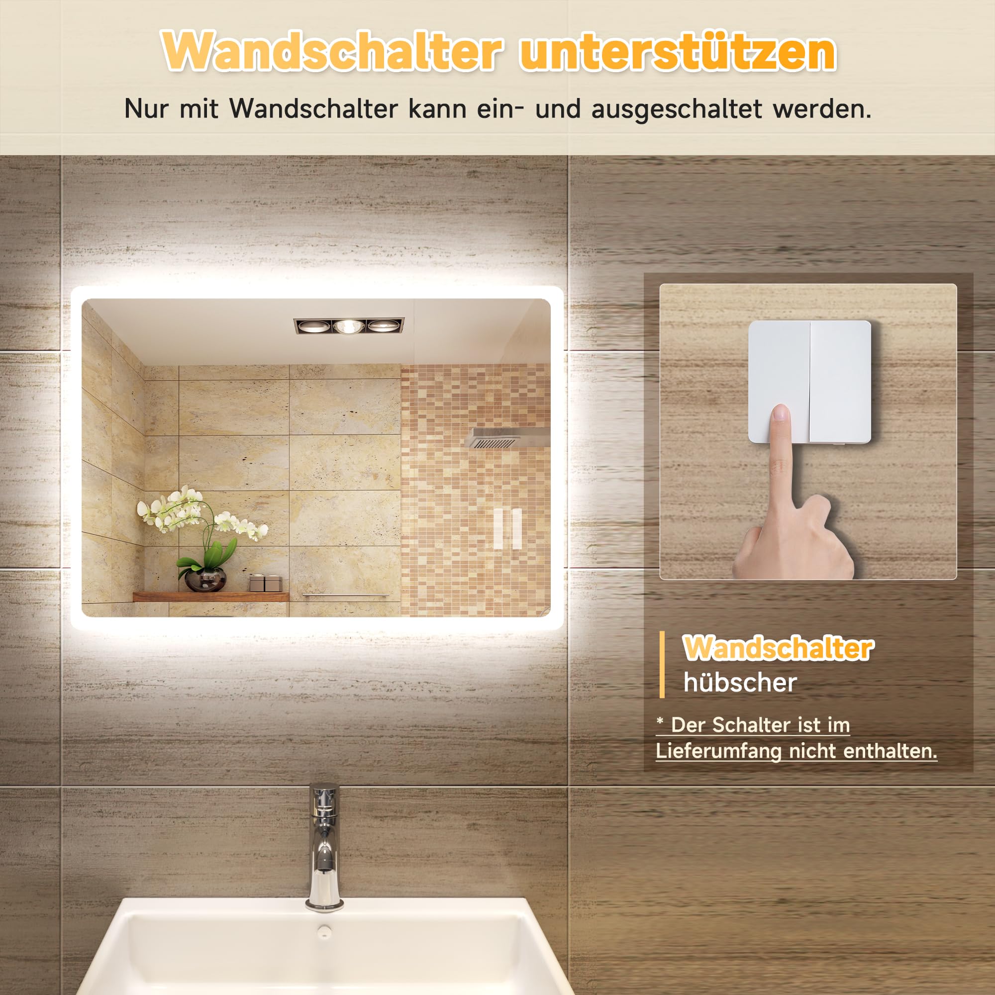 SONNI Badspiegel mit Beleuchtung 60x40 cm LED Badspiegel Wandschalter Badezimmerspiegel Wandspiegel Lichtspiegel IP44
