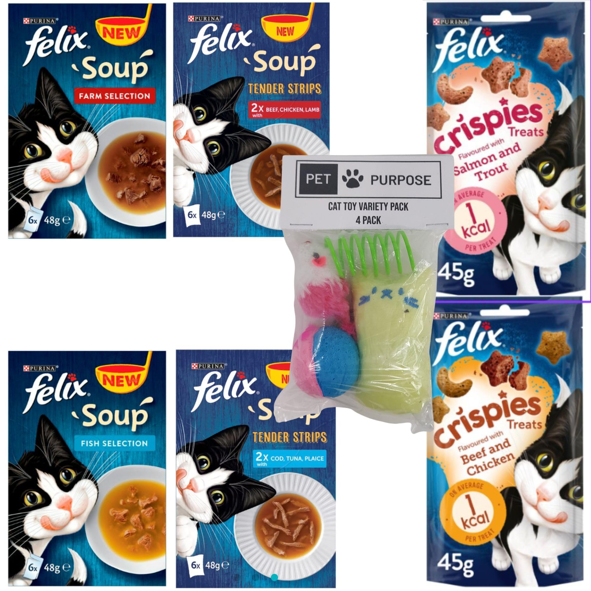 Felix Cat Soup Bundle in Original and Tender Strip Variations | 2x 45g Cat Treats | 24x 48g Wet Cat Food Pouches | Fish and Farm Soup/Treat Flavours | 1x Pet Purpose Catnip Toy