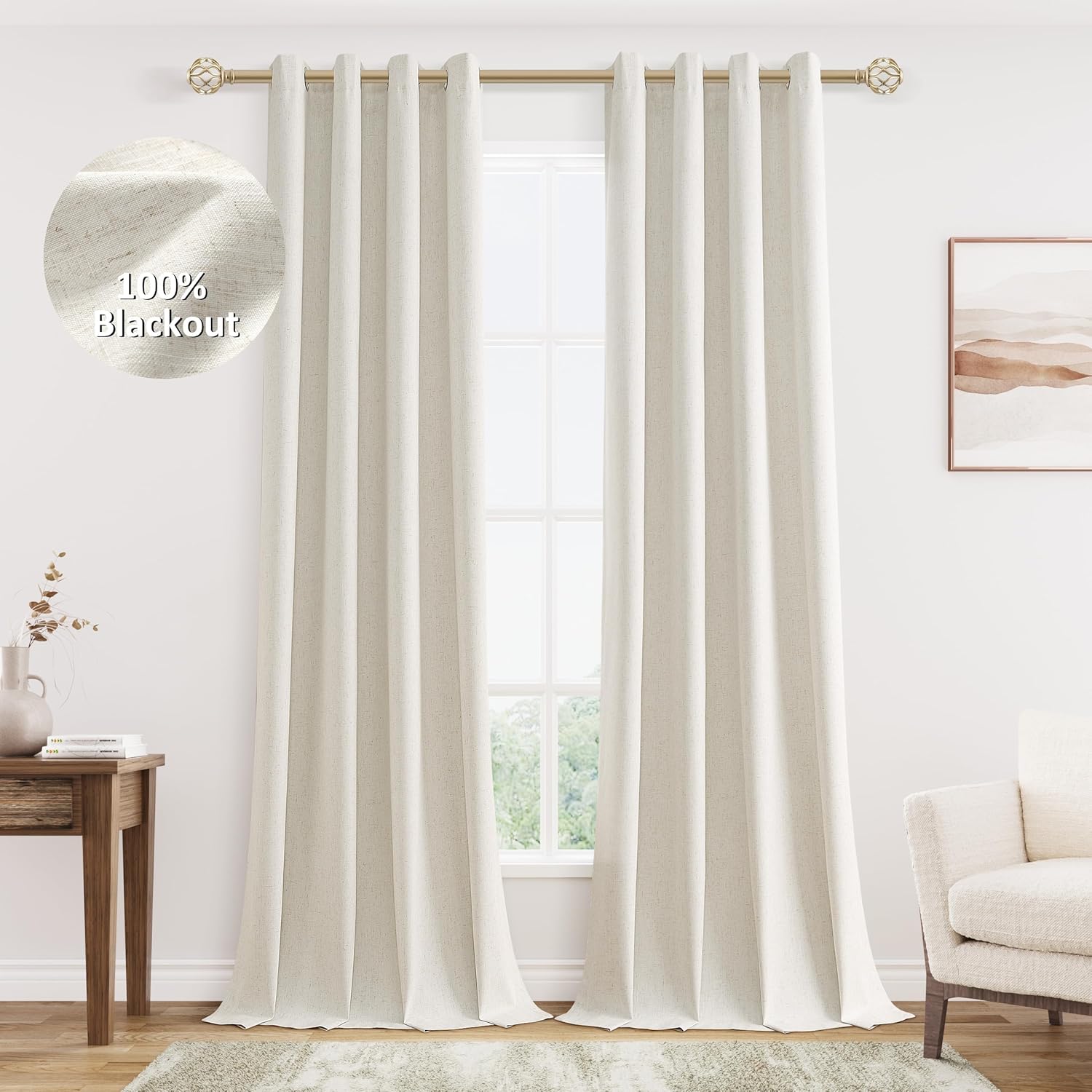 Cream Linen Blackout Curtains 102 Length 2 Panels Set for Living Room Bedroom, 100% Black Out Thermal Insulated Linen Drapes, Room Darkening Grommet Curtains 102 Inches Long Natural Beige Natural 52"W x 102"L (Pack of 2)