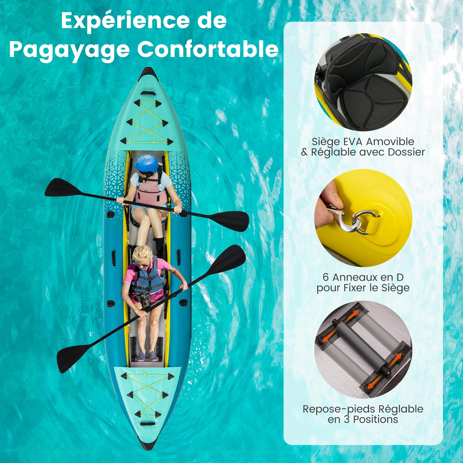 GOPLUS Kayak Gonflable 2 Personnes, Canoe Randonnée 382 cm avec Sièges et Repose-Pieds Réglables, 2 Pagaies, Fixations, 2 Dérives, Pompe à Main, Kit de Réparation, Sac Transport, Charge 230 kg