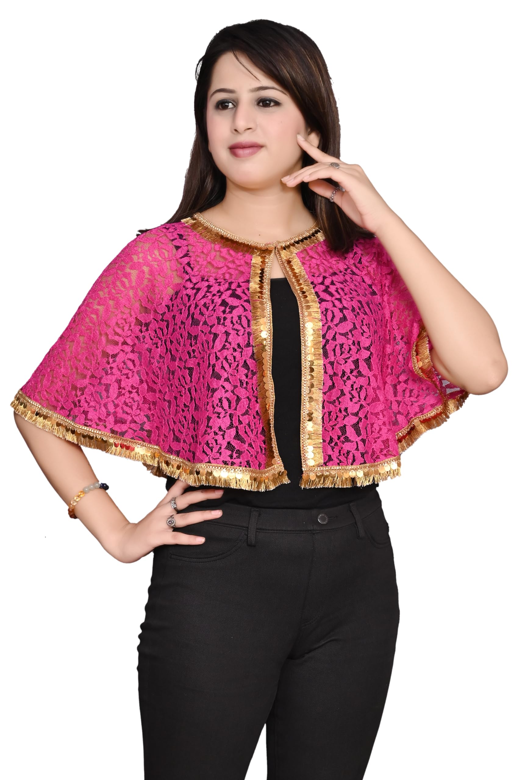 Women's Net Lace Poncho with Golden Lace Front Open Capes Shrugs-picture-30