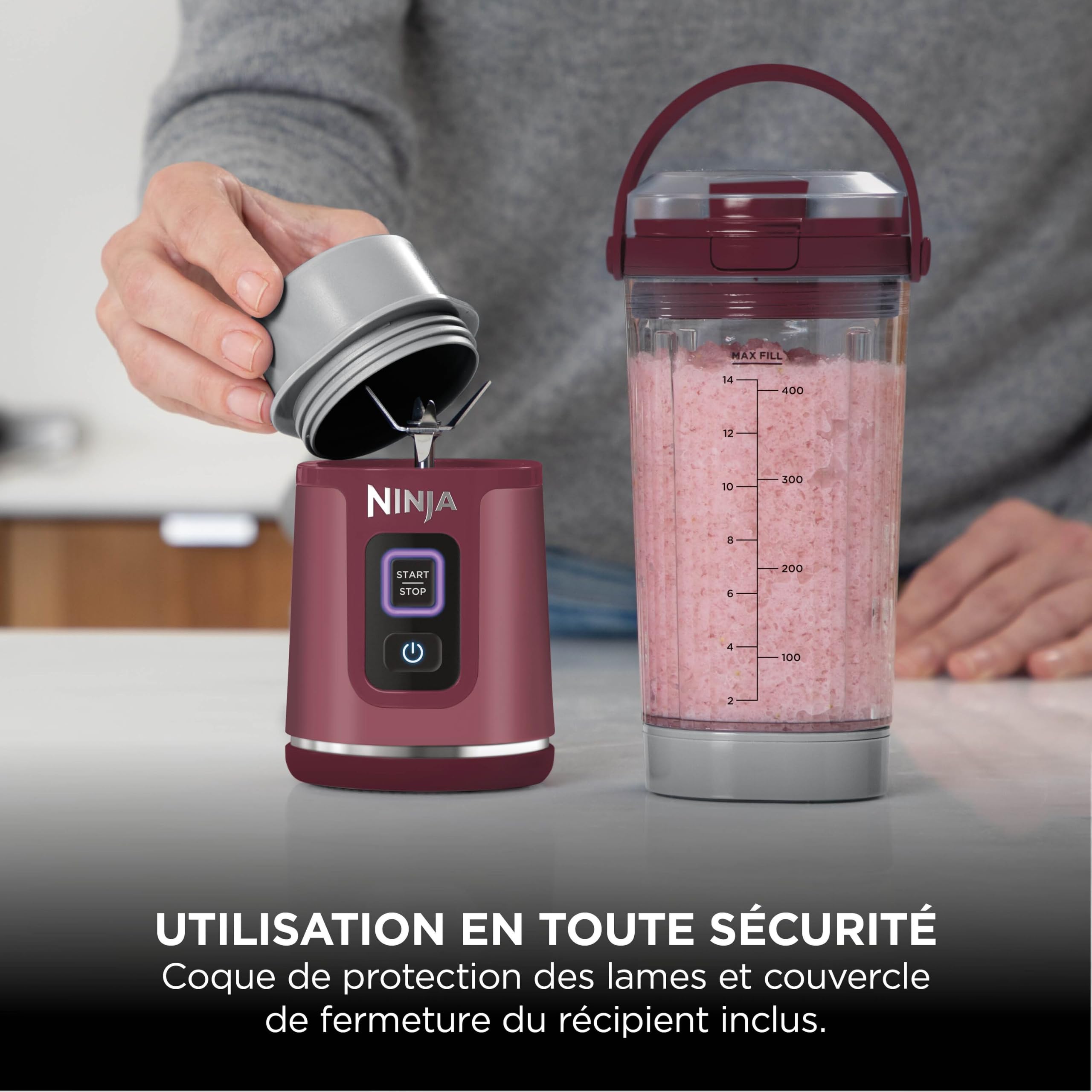 Ninja Blast Blender portable, 530 ml, couvercle résistant aux fuites et bec verseur, mini blender sans fil puissant, rechargeable, smoothies, shakes, mixe fruits et glaçons, Canneberge, BC151EUCR