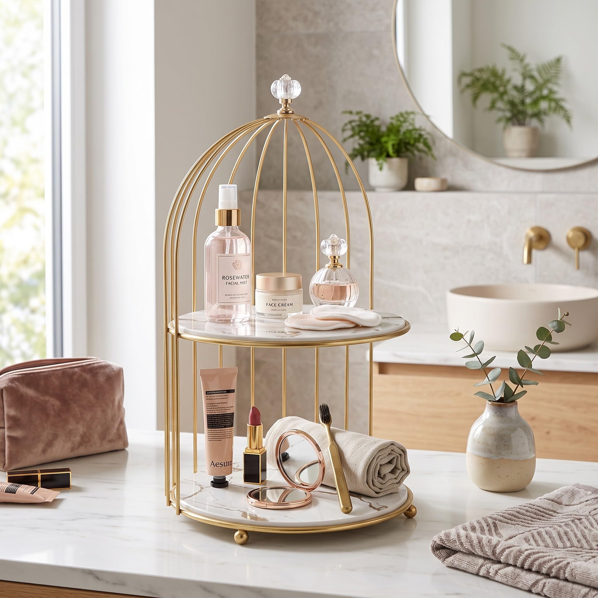 HEEPDD Parfüm-Ausstellungsständer, Parfüm-Ausstellungsständer, Goldenes Eisen-Kosmetik-Aufbewahrungsregal, Vielseitiger Doppellagiger Organizer für Make-up und Schmuck, Perfekt für Badezimmer und