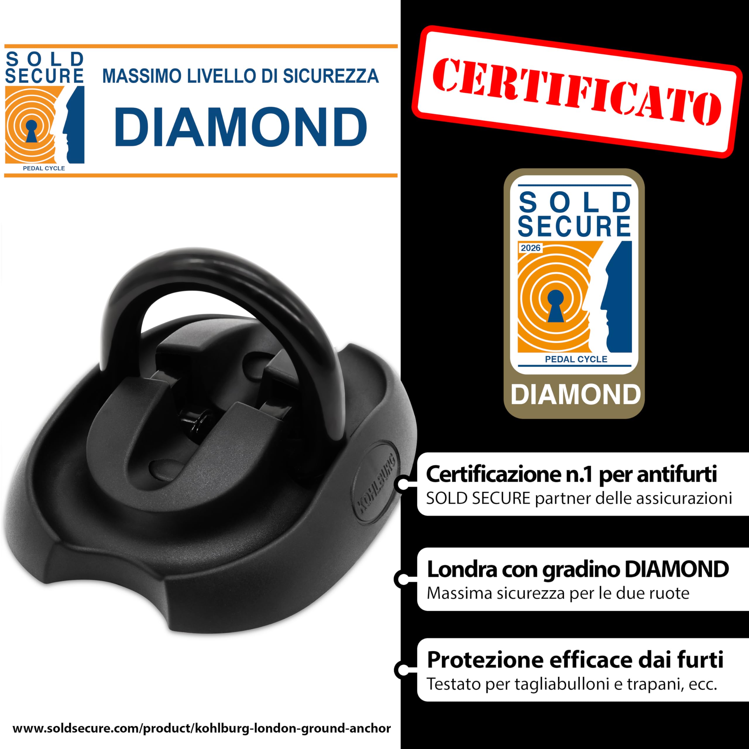 KOHLBURG Ancoraggio di Sicurezza Pavimento e Parete Massimo Livello Sicurezza 15+ per Moto Scooter e‑Bike con Arco 14 mm in Acciaio Speciale temprato antifurto Bici a Muro e Pavimento Cantina Garage