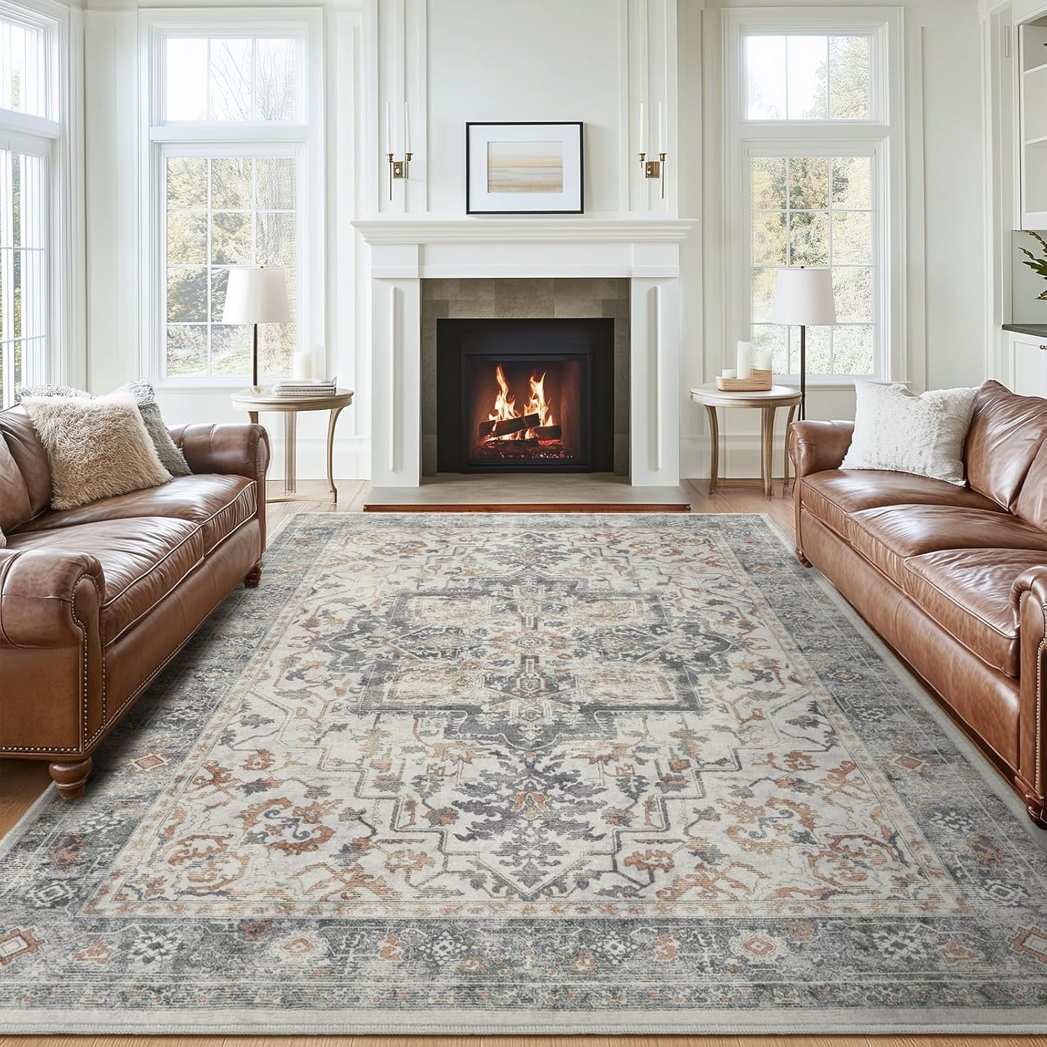 Large Farmhouse Area Rugs 9x12 for Living Room, Distressed Medallion Printed Big Carpet Rugs for Bedroom Under Bed, Washable Non Slip Low Pile Thin Rugs for Dining Room, Grey/Orange-Brown