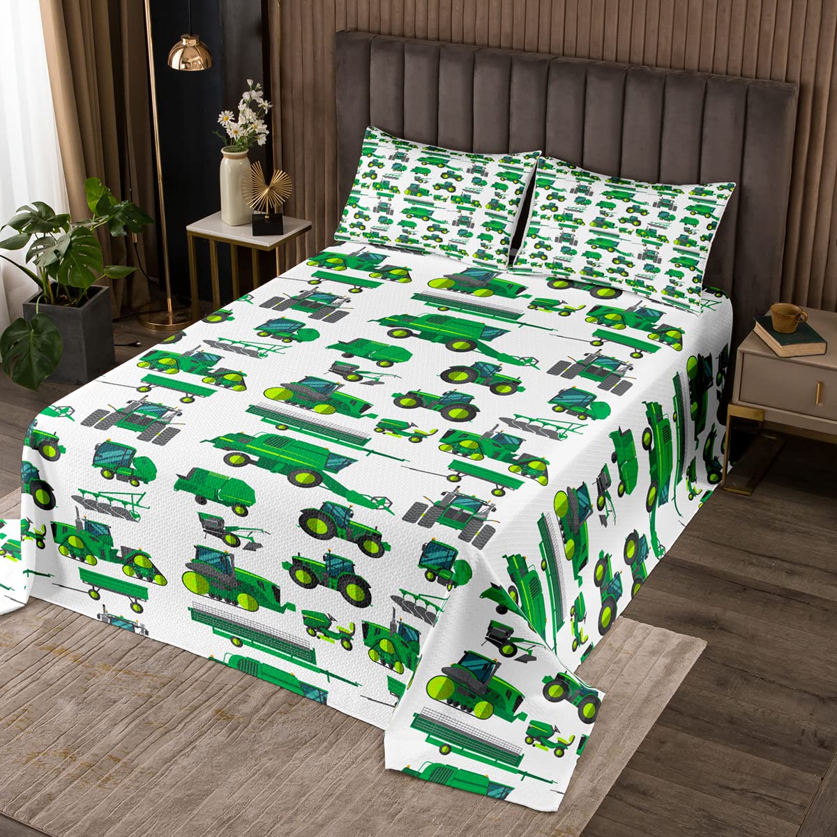 Equipamiento Camiones Acolchada Excavadoras para Niños Niños Niñas Niños Niños Verde Vehículo Coverlet Set Construcción Suave Tractor Acolchado King