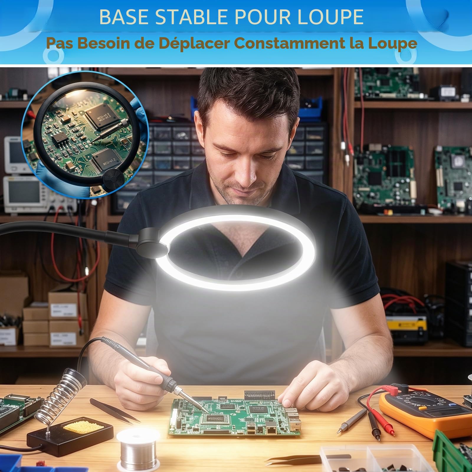 NZQXJXZ Loupe Grossissante Rechargeable 10X avec Lumière et Support, Lampe Loupe 3-en-1 sur Pied/Bureau/Pince, Grande Lentille HD 7”, 3 Modes de Couleur, LED Réglable pour Lecture Couture Réparation