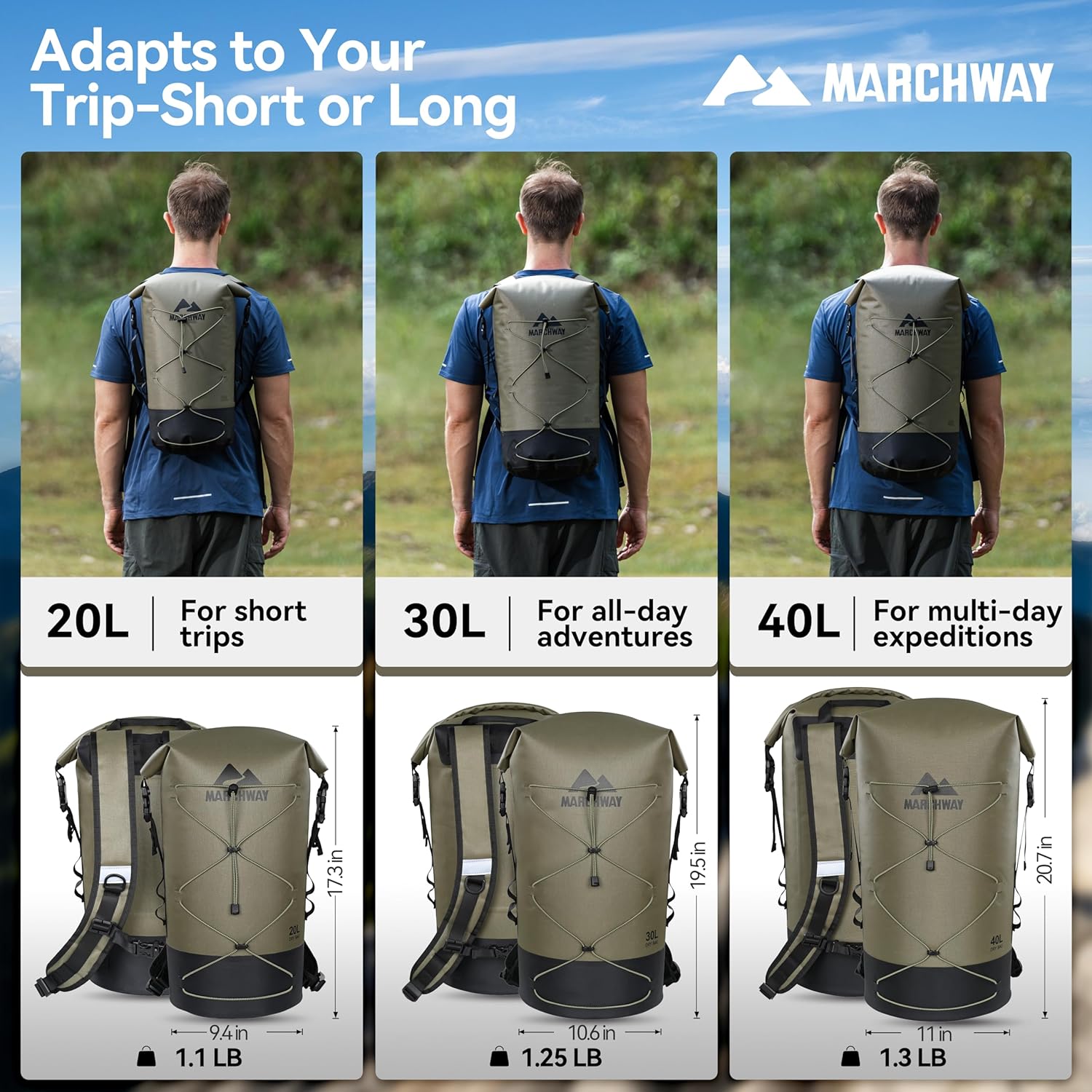 MARCHWAY Floating Roll Top Dry Bag, Flexible Lightweight TPU Waterproof Backpack 20L/30L/40L with Padded Straps for Boating, Kayaking, Swimming, Hiking, Beach (Green, 20L)