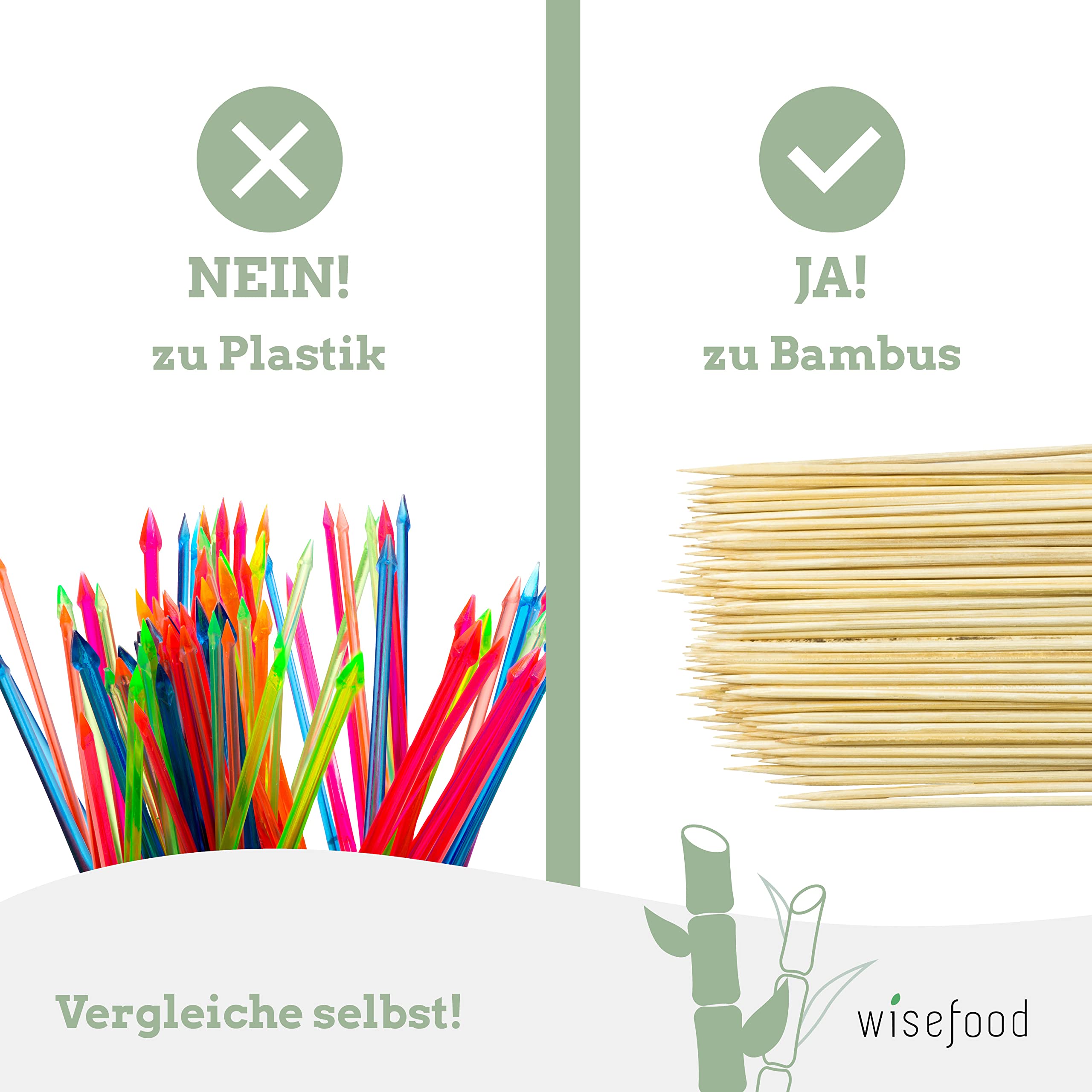 wisefood Bambusowe szaszłyki, 20 000 sztuk (1 karton) szpikulce do przekąsek 20 cm, bio-rożny do golfa / bambusowe pikery do grillowania, koktajli, burgerów, antipasti