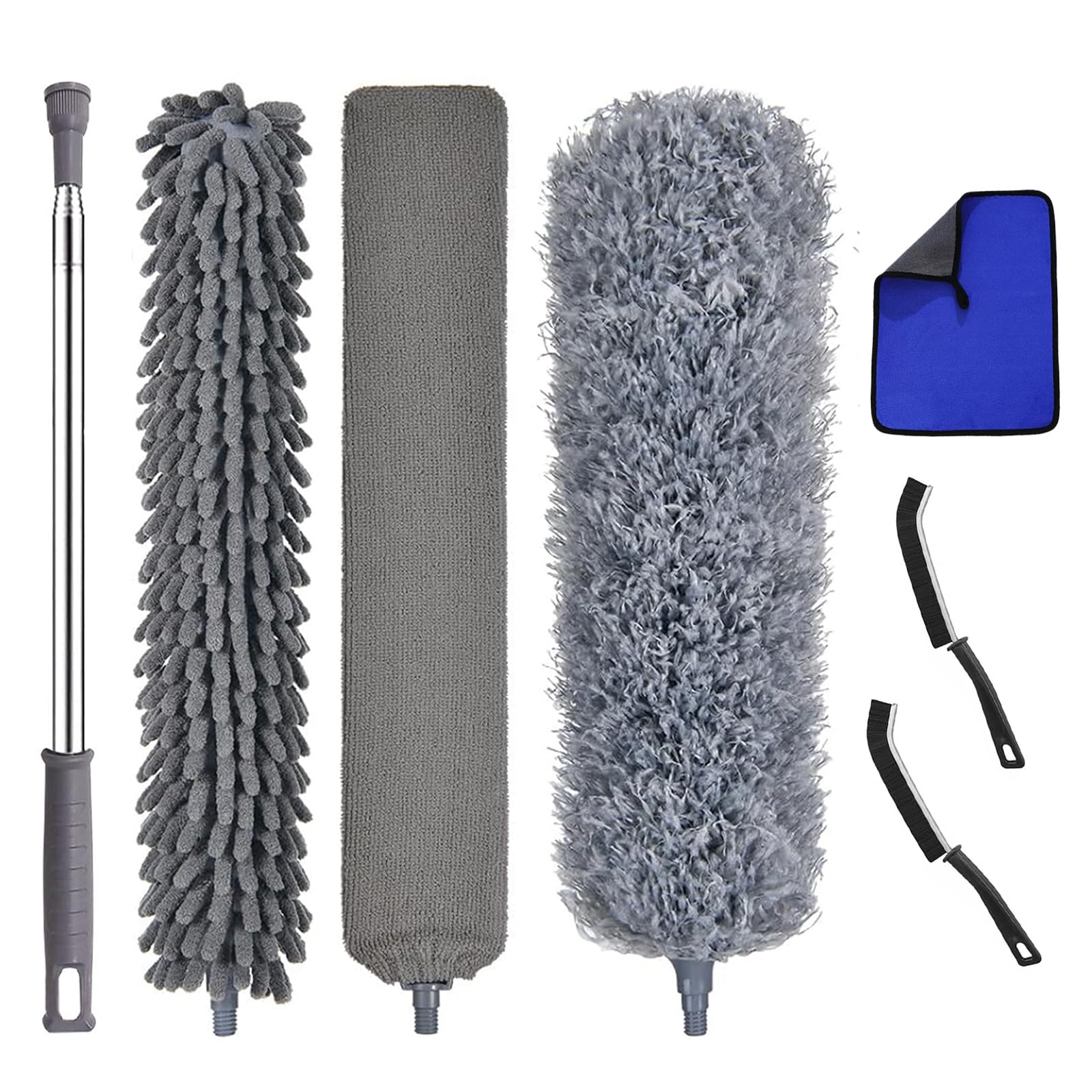 Muxun Grey Feather Duster 7Pcs Dusters For Cleaning Extendable Pole Up To 100'', Long Handle Duster Bendable Dusters For Ceiling Chandelier Furniture, With Crevice Cleaning Brush, Microfiber Cloths