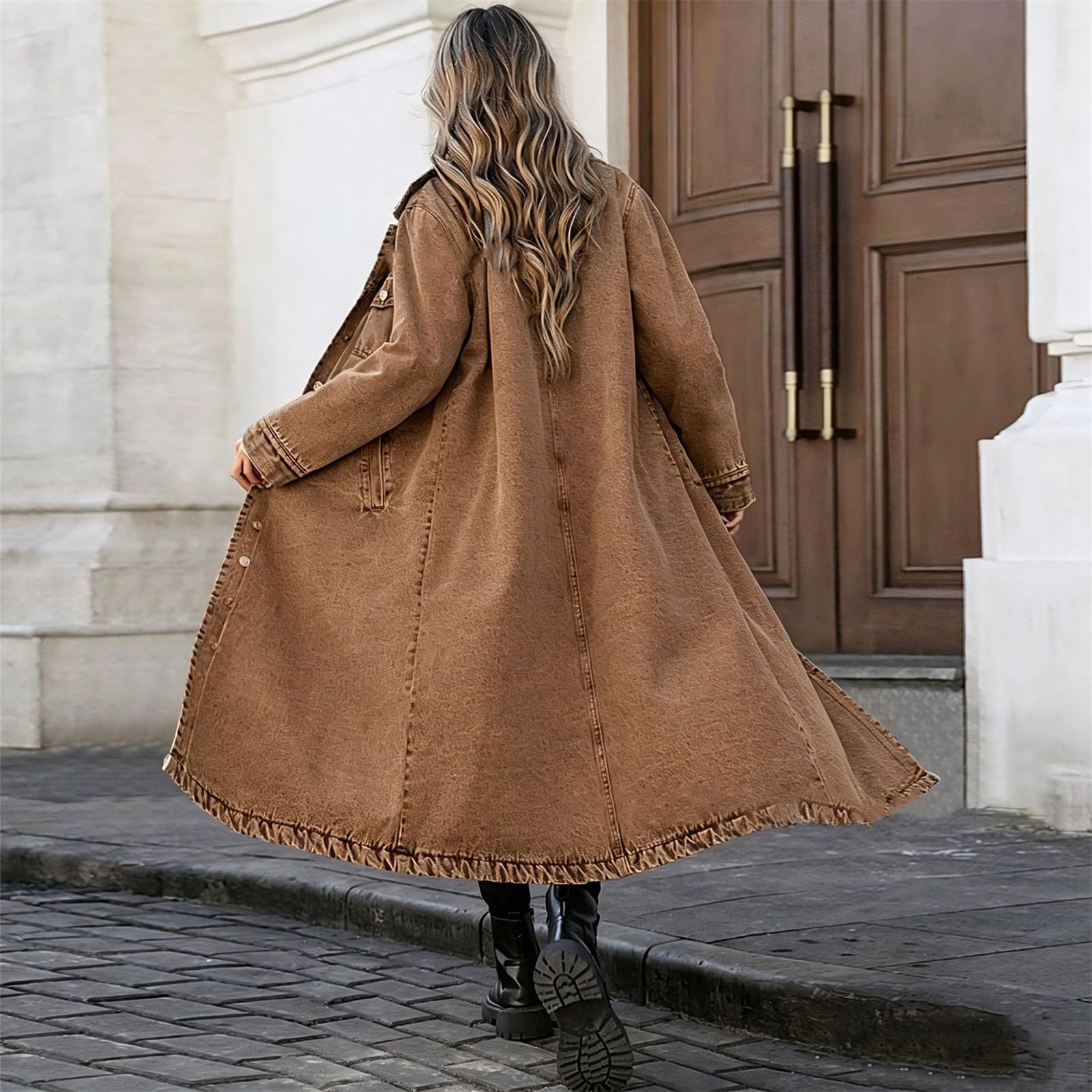 Trench Dżinsowy Długi Damski Klapa Guziki Kurtka Denim Luźna Oversize, karmelowy, XL | Wiatroodporny dżins z praktycznymi kieszeniami bocznymi. Łatwe dopasowanie do innych ubrań. Com, idealny do pracy