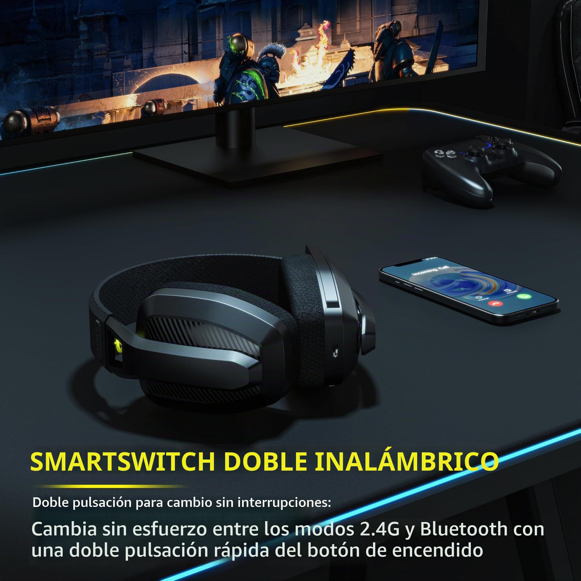 BINNUNE BW06 Cascos Gaming Inalambricos, Auriculares Gaming Inalambricos de 2.4G para PS5, PS4, PC, NS, Cascos PS5 con Sonido Estéreo Auriculares con Microfono, Duración 60Hr+,Negro