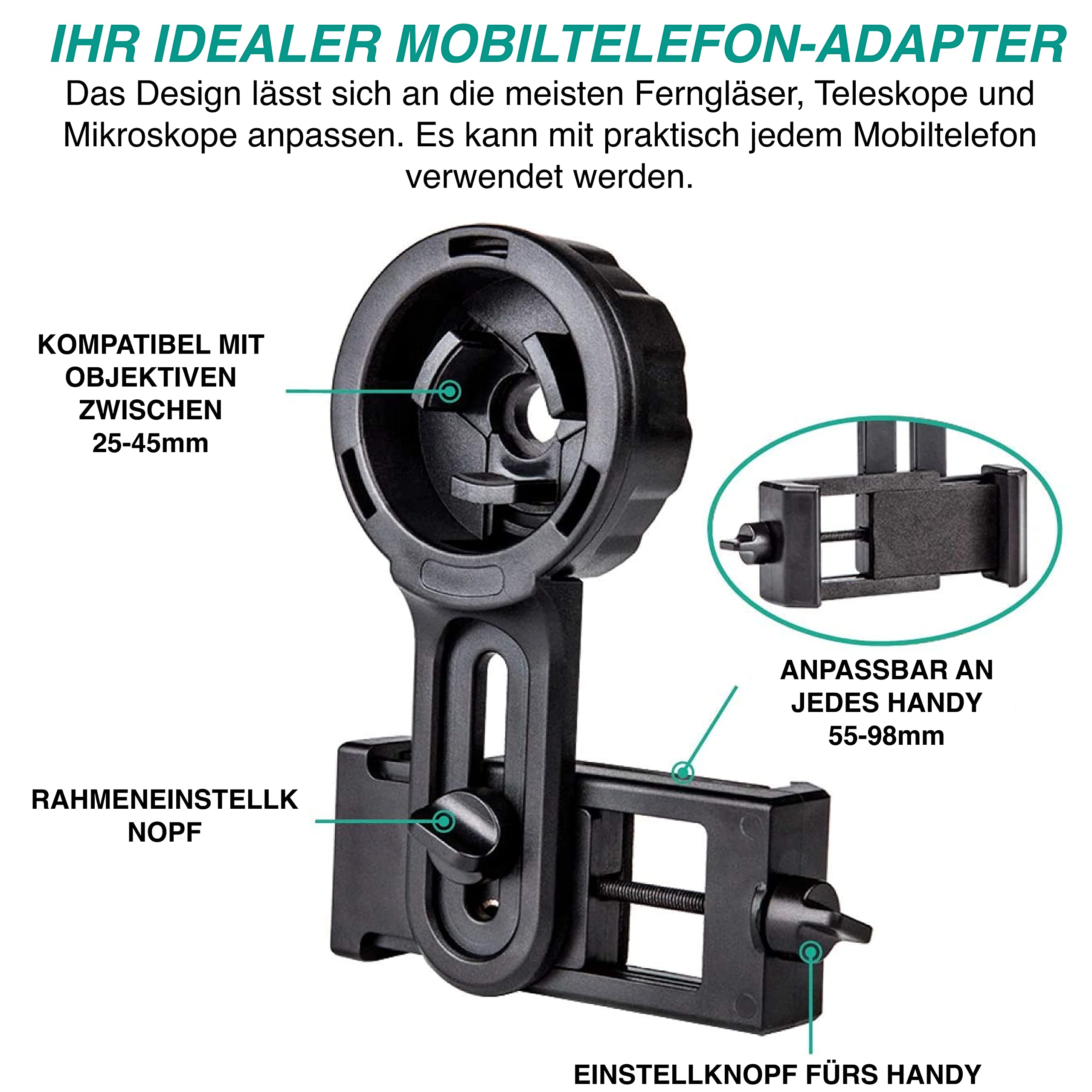 Telefonadapter Pro für Fernglas, Monokular, Teleskope und Mikroskope, kompatibel mit jedem Smartphone, ideal zum Fotografieren Ihrer Abenteuer